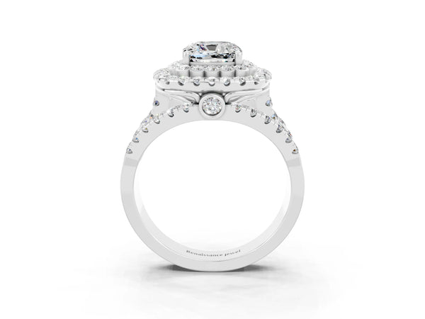 White gold Cushion Cut Moissanite Double Halo Ring with Round Pavé Split Shank and Prong Setting