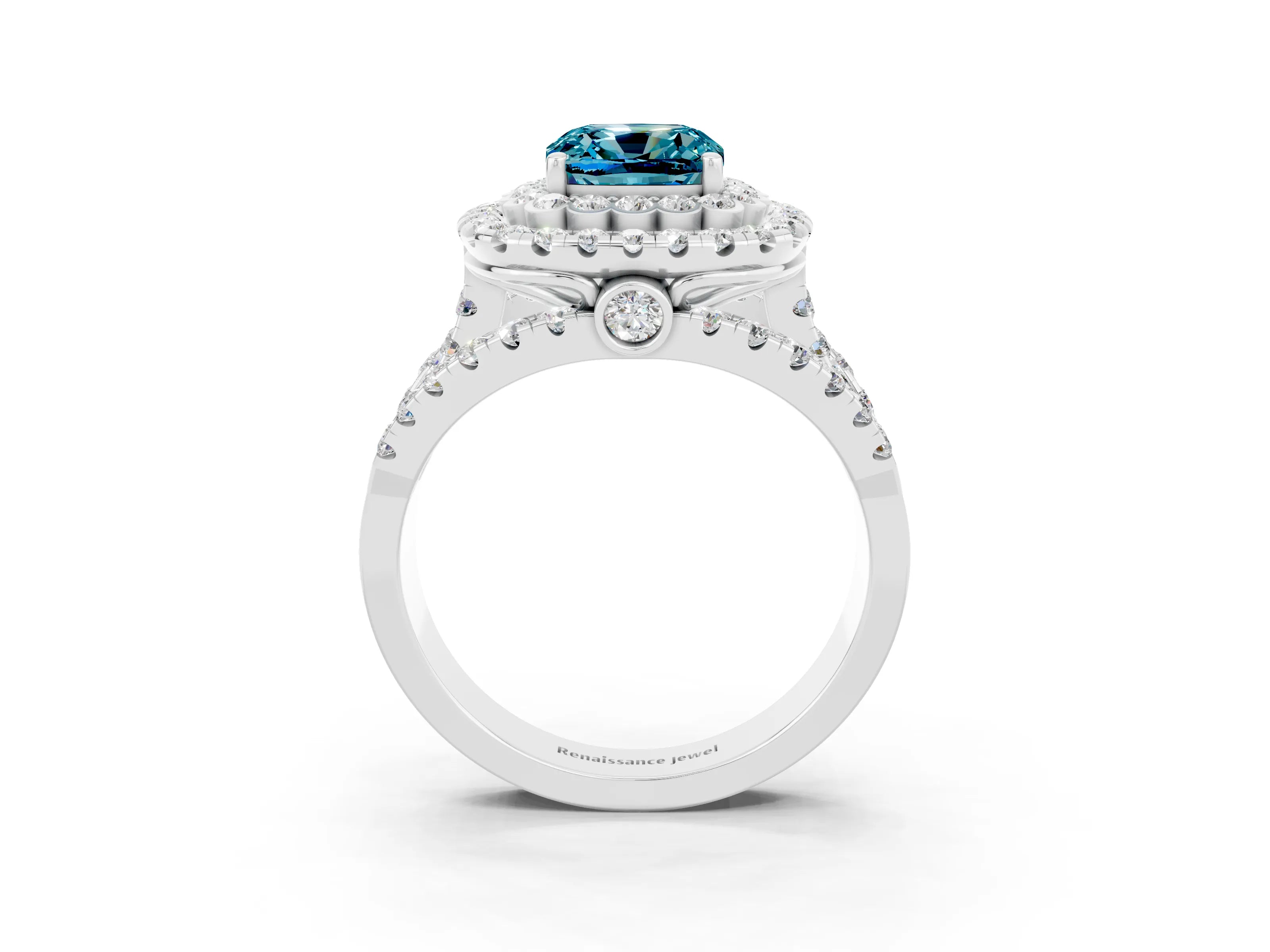 White gold Double Halo Cushion Cut Diamond Split Shank Pave Set Ring_3