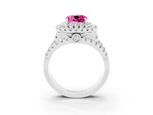 Silver Double Halo Cushion Cut Diamond Split Shank Pave Set Ring