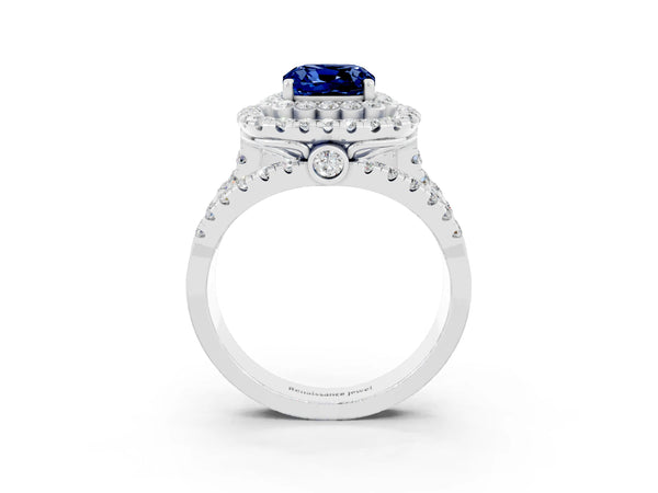 White Gold Cushion Cut Lab-Grown Blue Sapphire Double Halo Engagement Ring with Split Shank