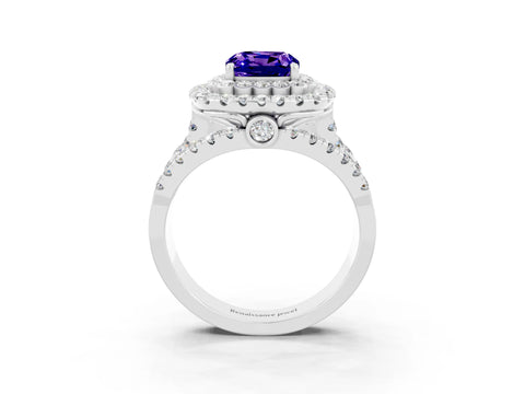 White gold Double Halo Cushion Cut Diamond Split Shank Pave Set Ring_3
