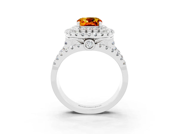 Platinum Cushion Cut Citrine Double Halo Ring with Round Pavé Split Shank and Prong Setting