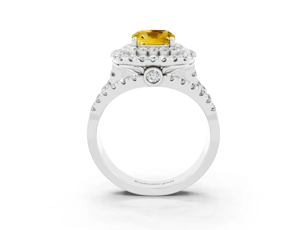 Platinum Cushion Cut Yellow Sapphire Double Halo Ring with Round Pavé Split Shank and Prong Setting