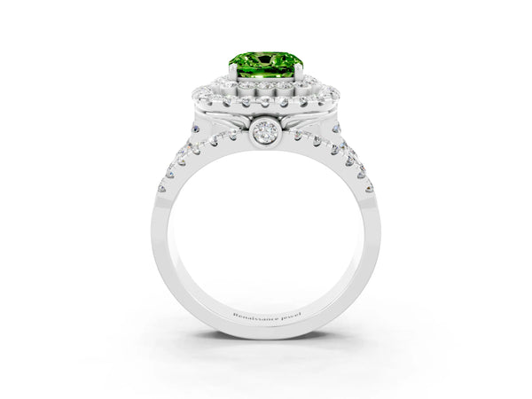 Silver Double Halo Cushion Cut Diamond Split Shank Pave Set Ring