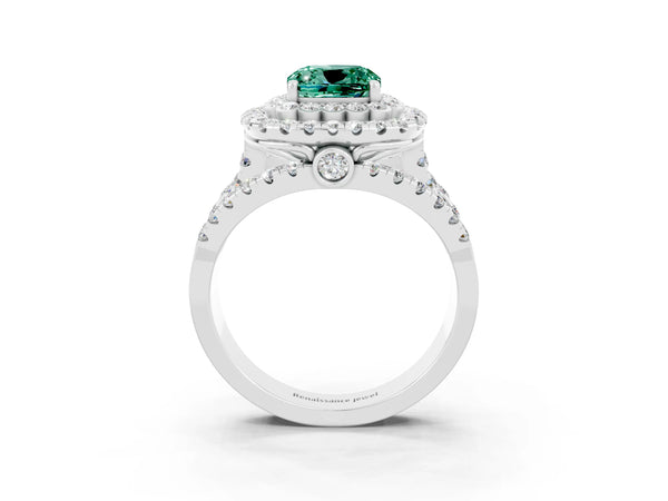 Silver Cushion Cut Green Sapphire Double Halo Ring with Round Pavé Split Shank and Prong Setting