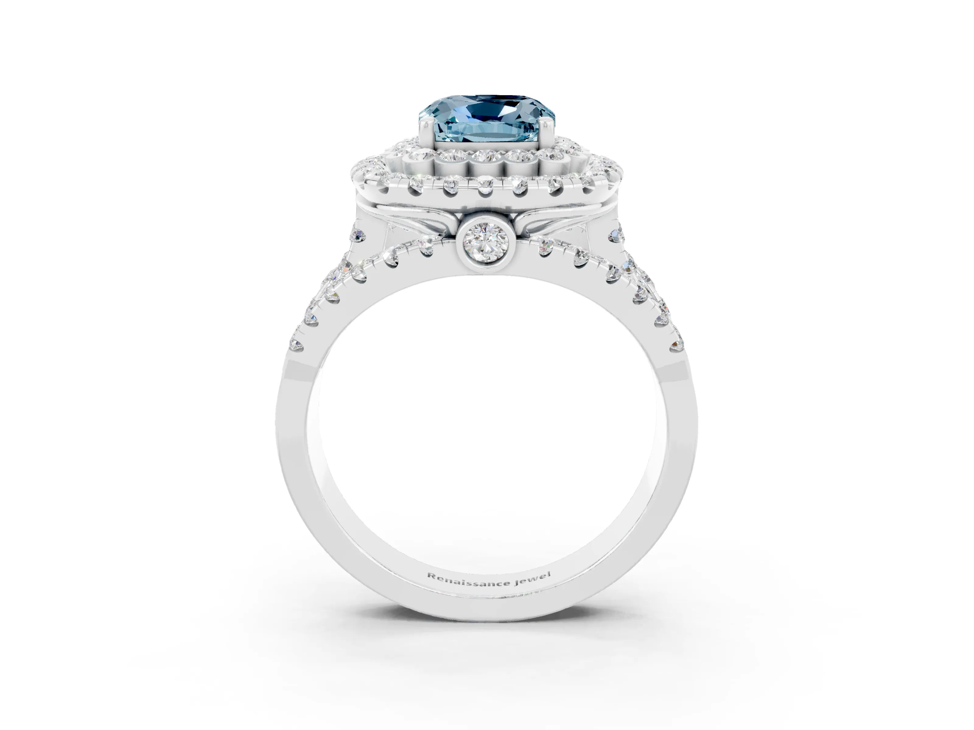 White gold Double Halo Cushion Cut Diamond Split Shank Pave Set Ring_3