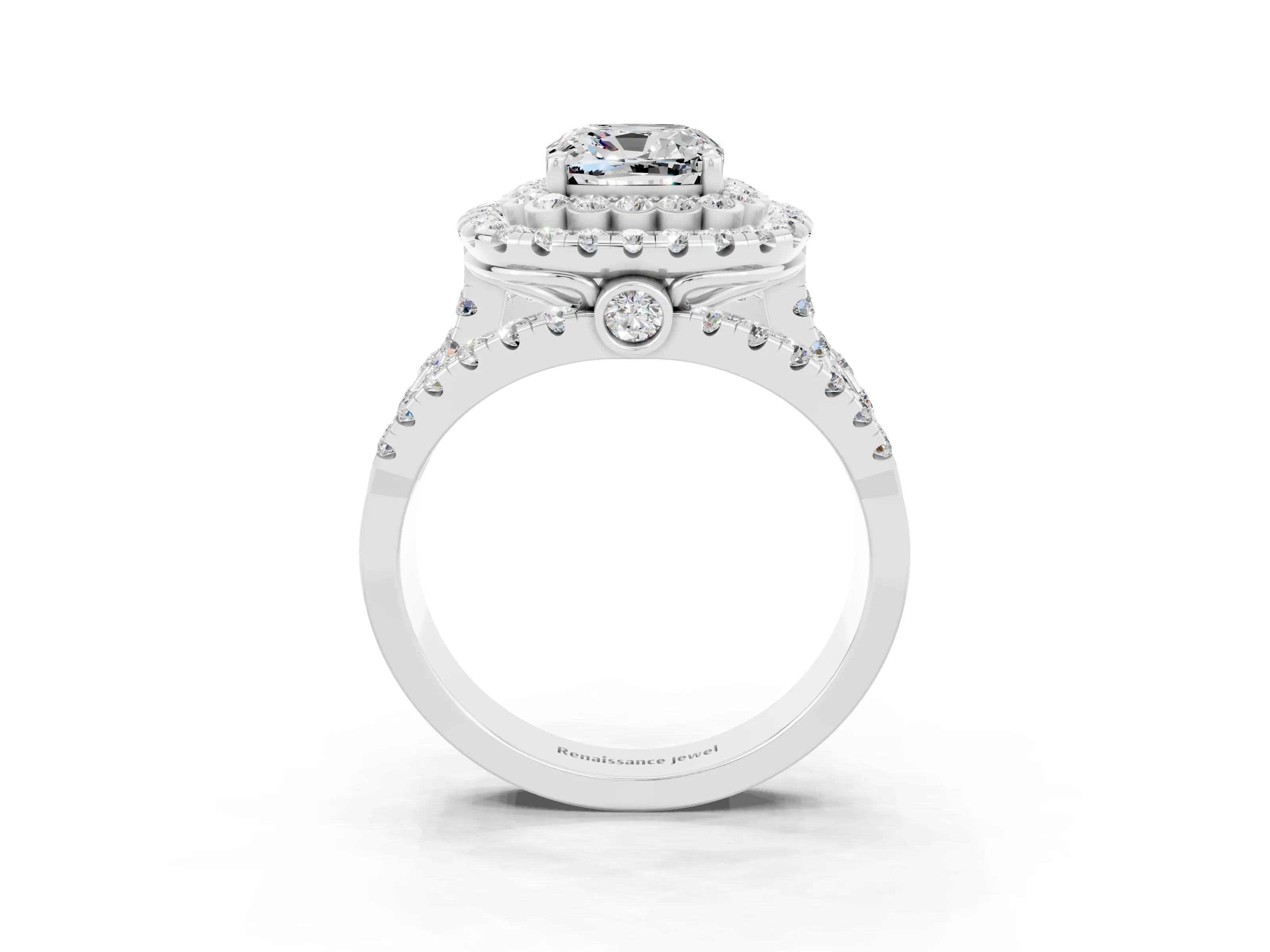 White gold Double Halo Cushion Cut Diamond Split Shank Pave Set Ring_3