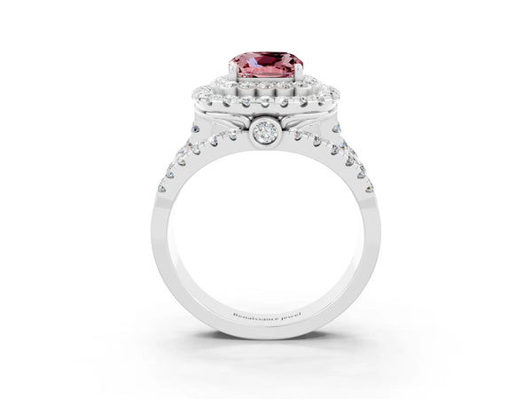 Platinum Double Halo Cushion Cut Diamond Split Shank Pave Set Ring