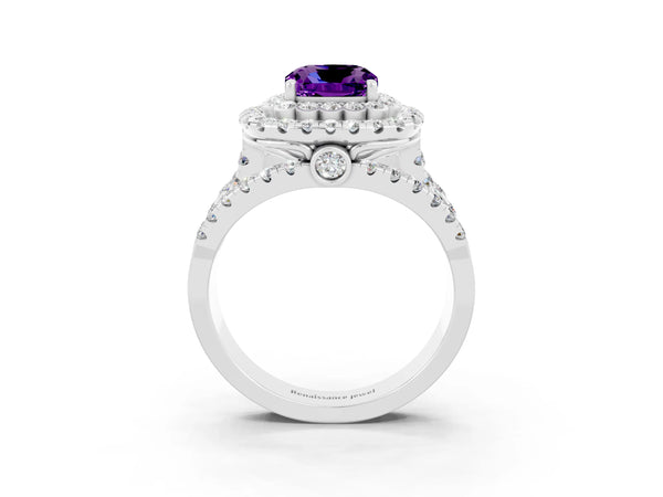 White gold Cushion Cut Amethyst Double Halo Ring with Round Pavé Split Shank and Prong Setting