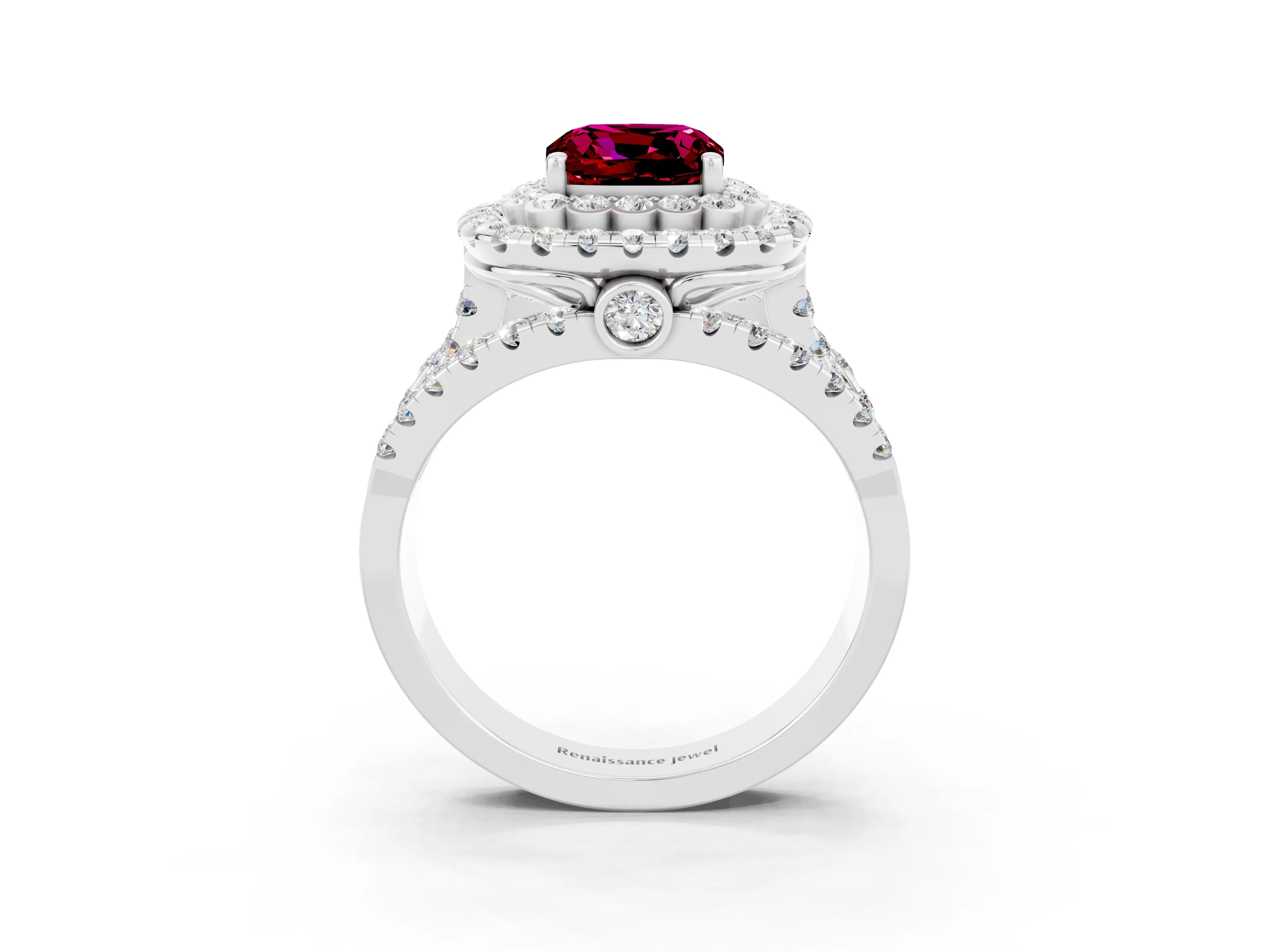 White gold Double Halo Cushion Cut Diamond Split Shank Pave Set Ring_3