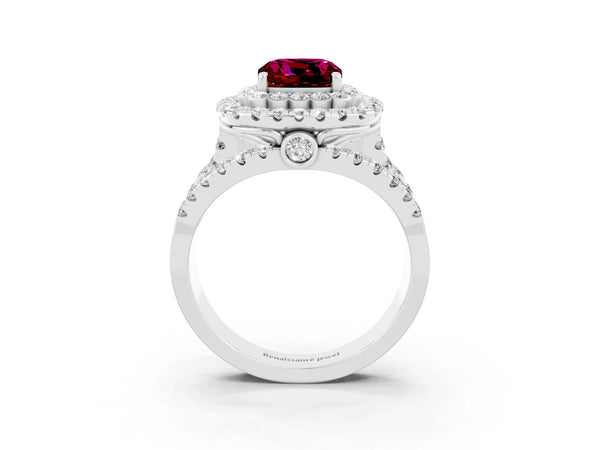 Platinum Cushion Cut Garnet Double Halo Ring with Round Pavé Split Shank and Prong Setting