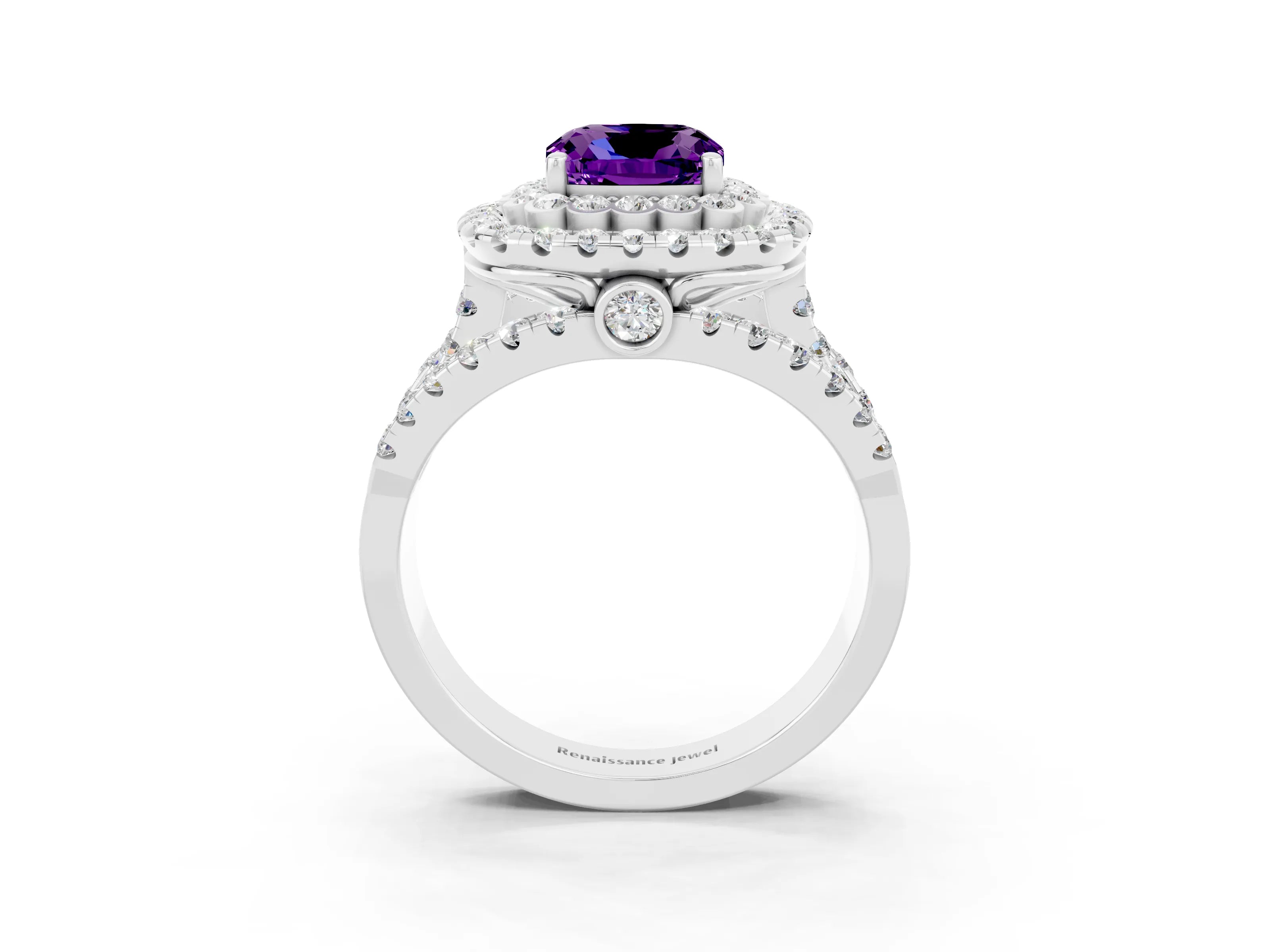 White gold Double Halo Cushion Cut Diamond Split Shank Pave Set Ring_3