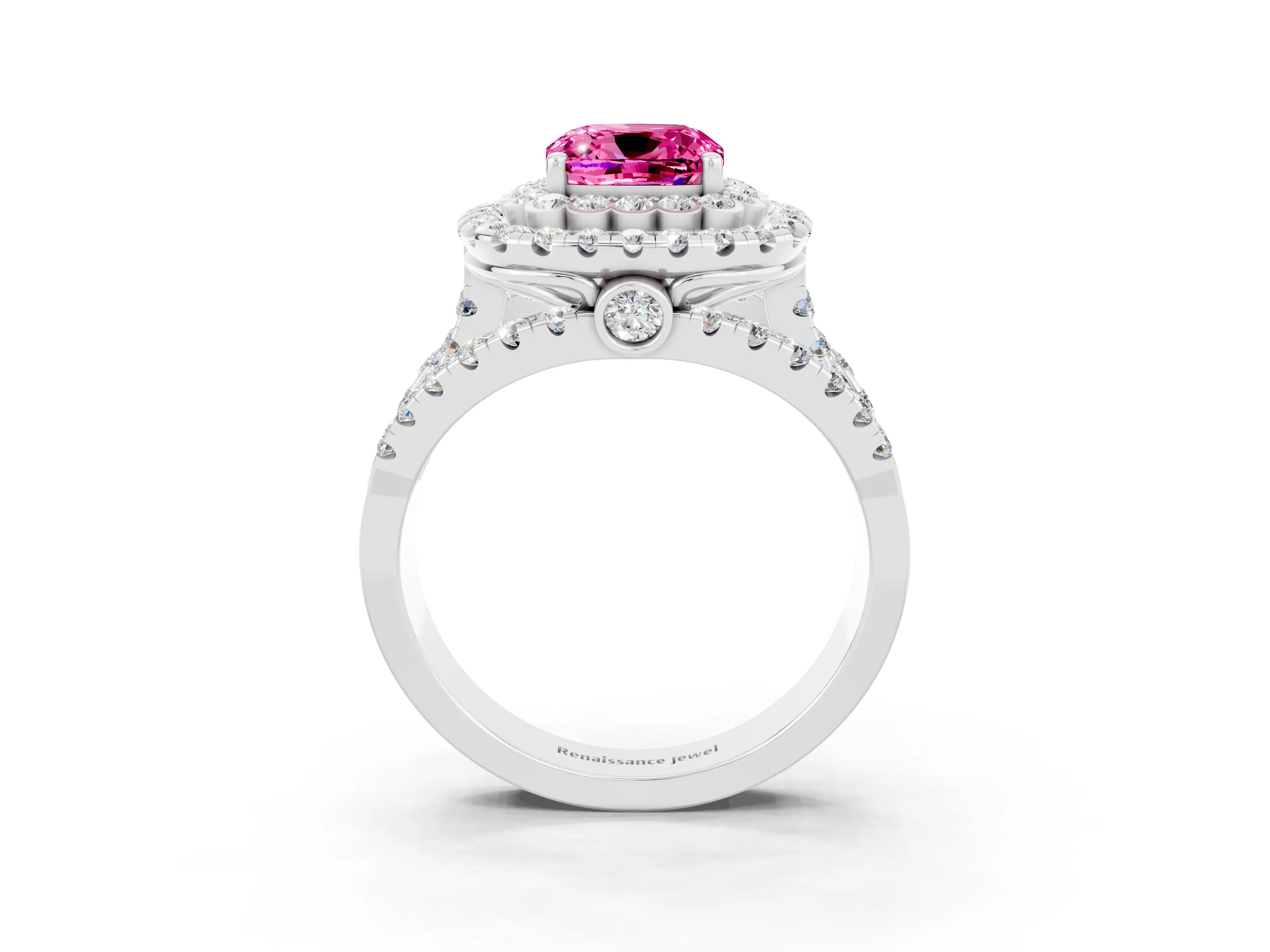 White gold Double Halo Cushion Cut Diamond Split Shank Pave Set Ring_3