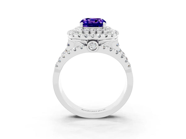 White gold Cushion Cut Tanzanite Double Halo Ring with Round Pavé Split Shank and Prong Setting