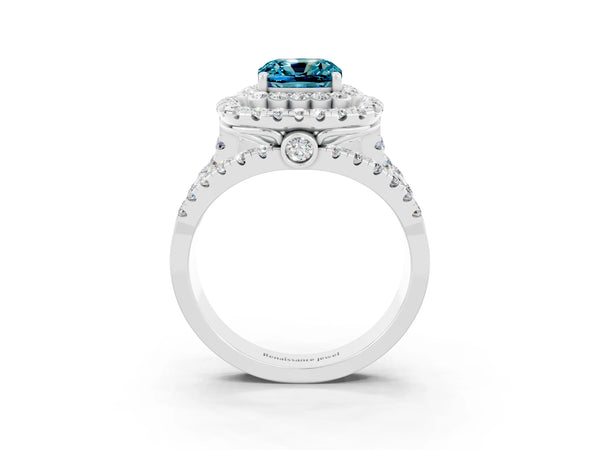 Platinum Double Halo Cushion Cut Diamond Split Shank Pave Set Ring