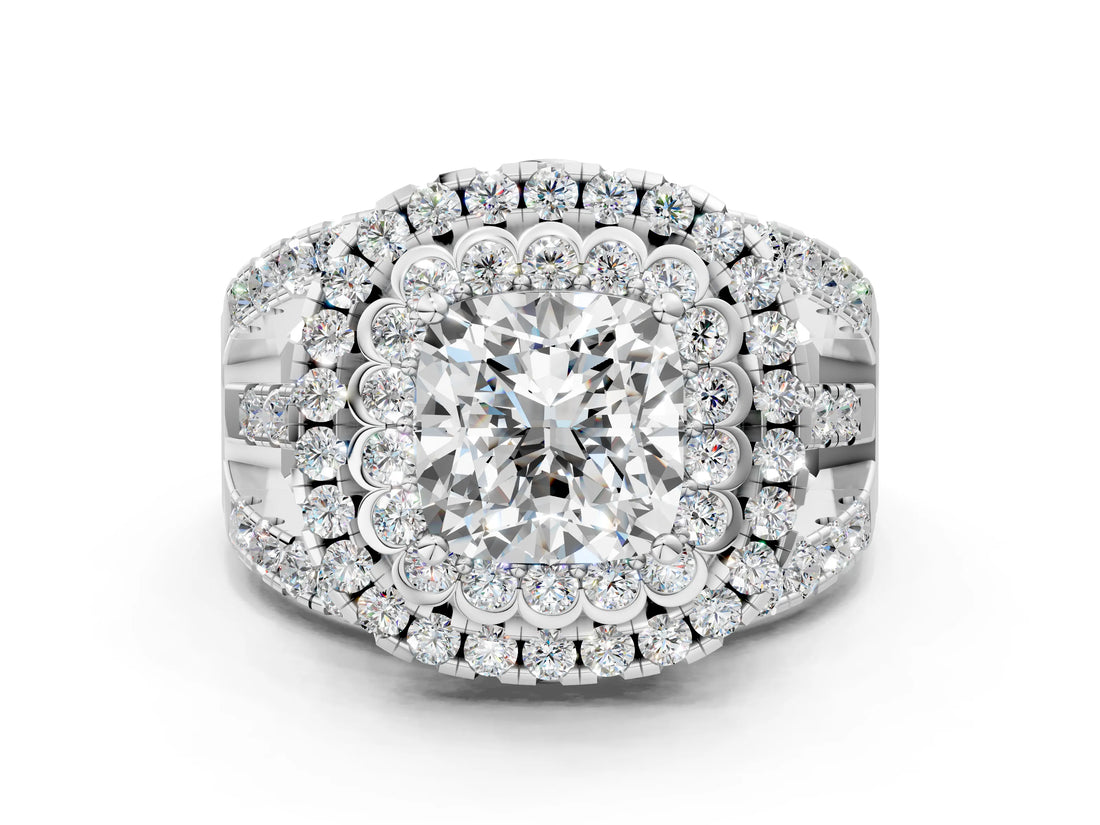 White gold Double Halo Cushion Cut Diamond Split Shank Pave Set Ring_3