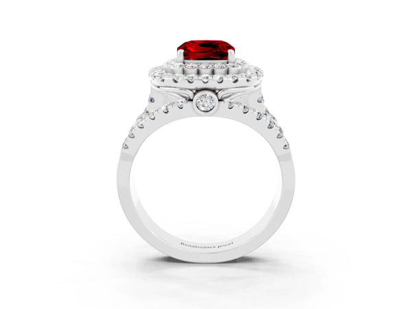 Platinum Cushion Cut Ruby Double Halo Ring with Round Pavé Split Shank and Prong Setting