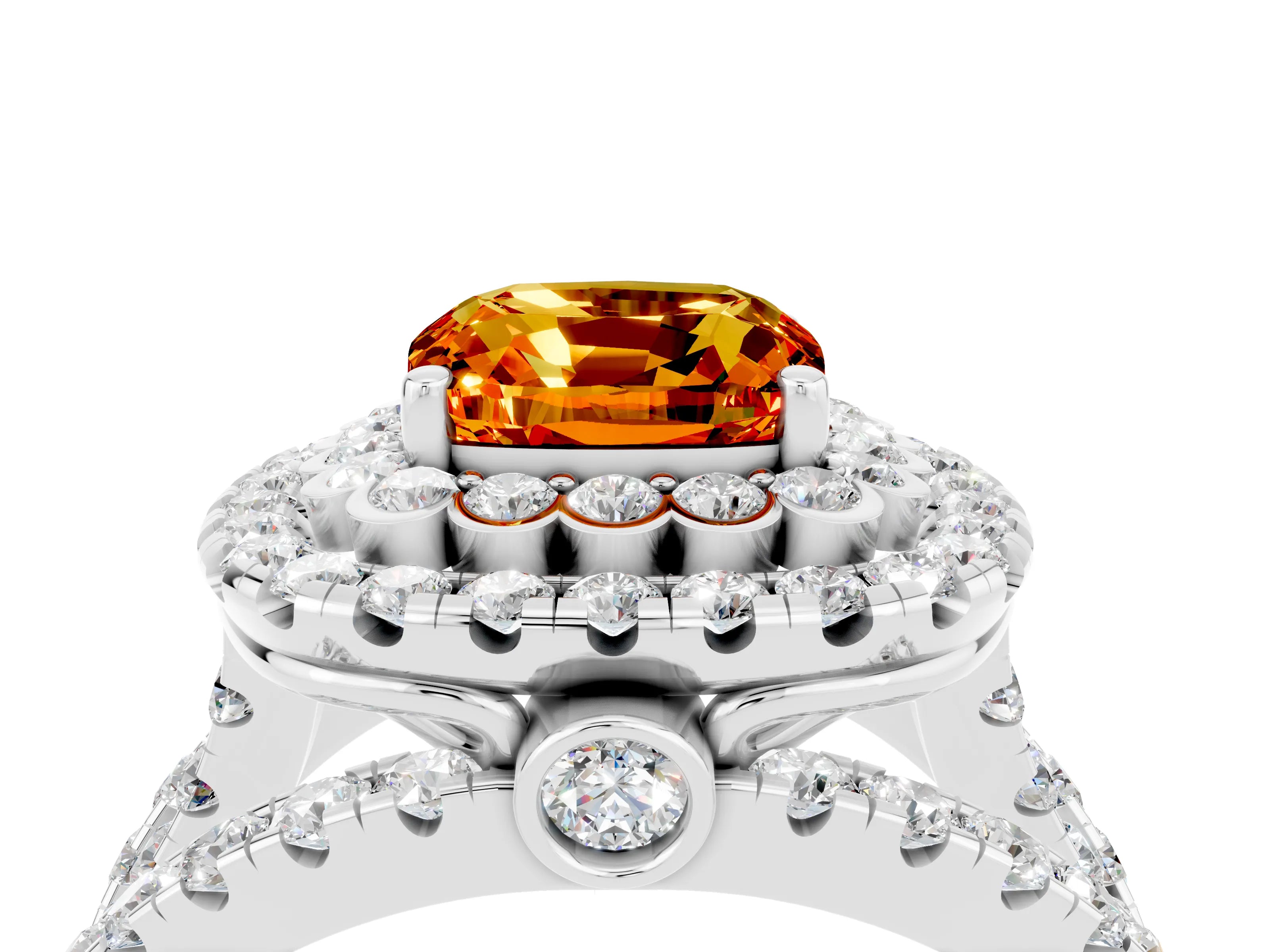 White gold Double Halo Cushion Cut Diamond Split Shank Pave Set Ring_4