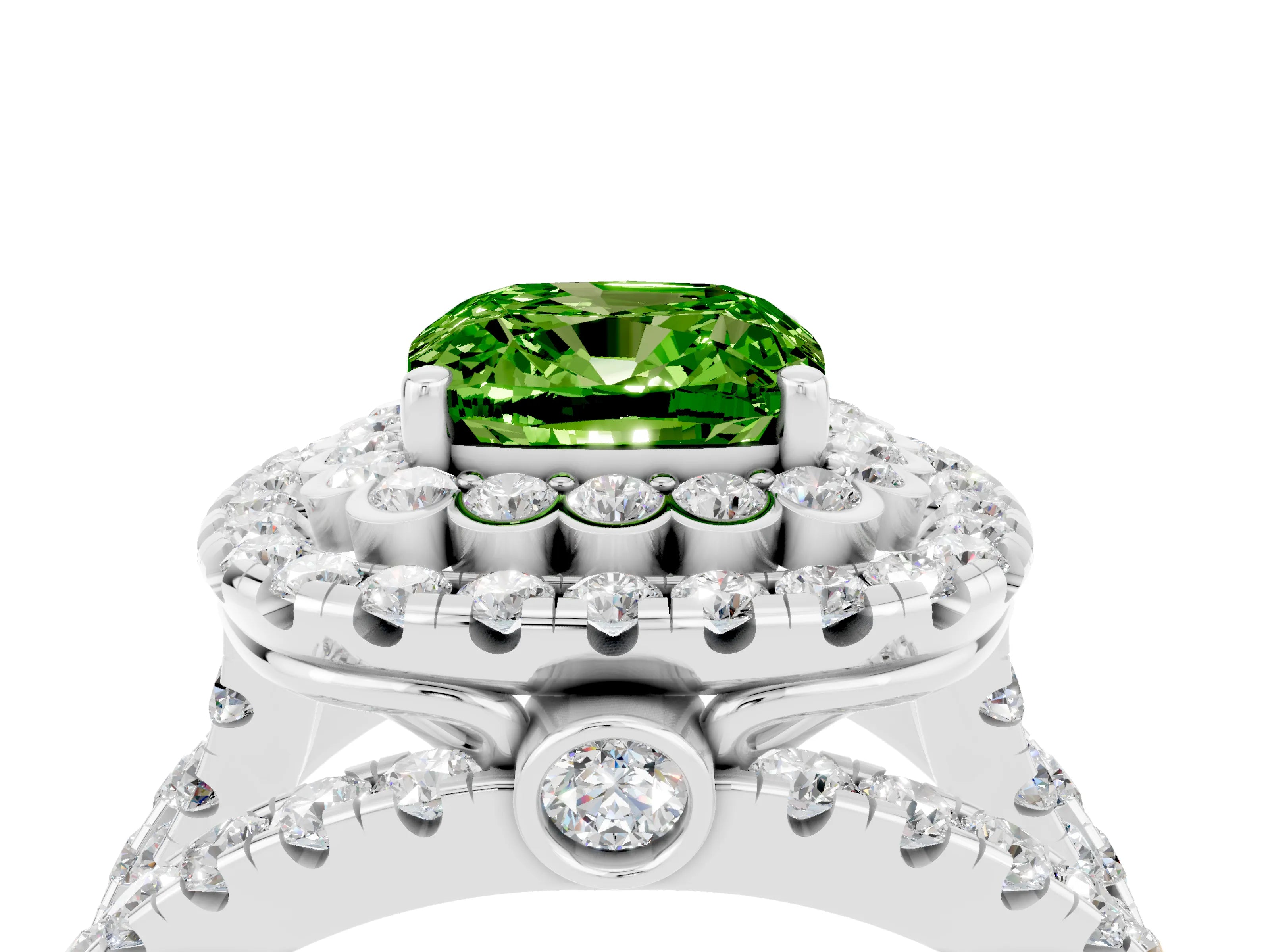 White gold Double Halo Cushion Cut Diamond Split Shank Pave Set Ring_4