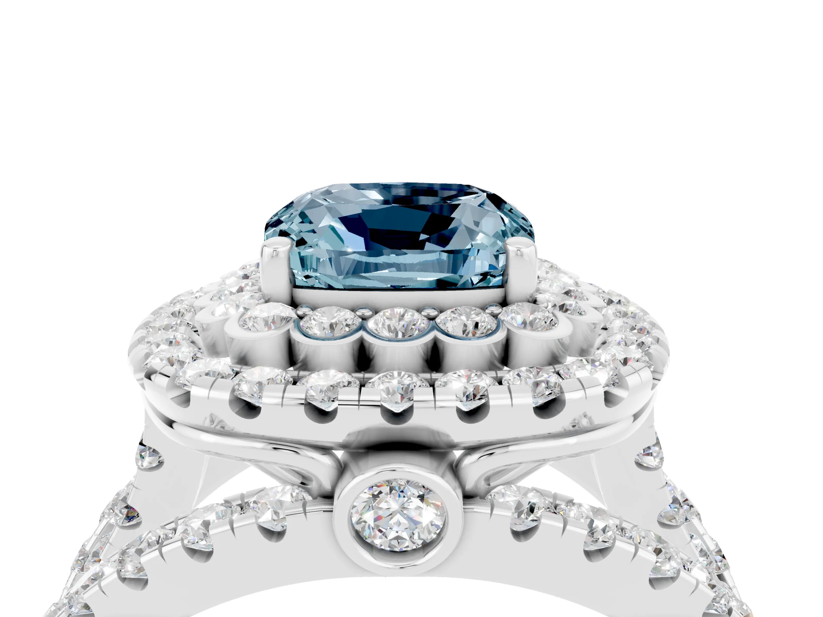 White gold Double Halo Cushion Cut Diamond Split Shank Pave Set Ring_4