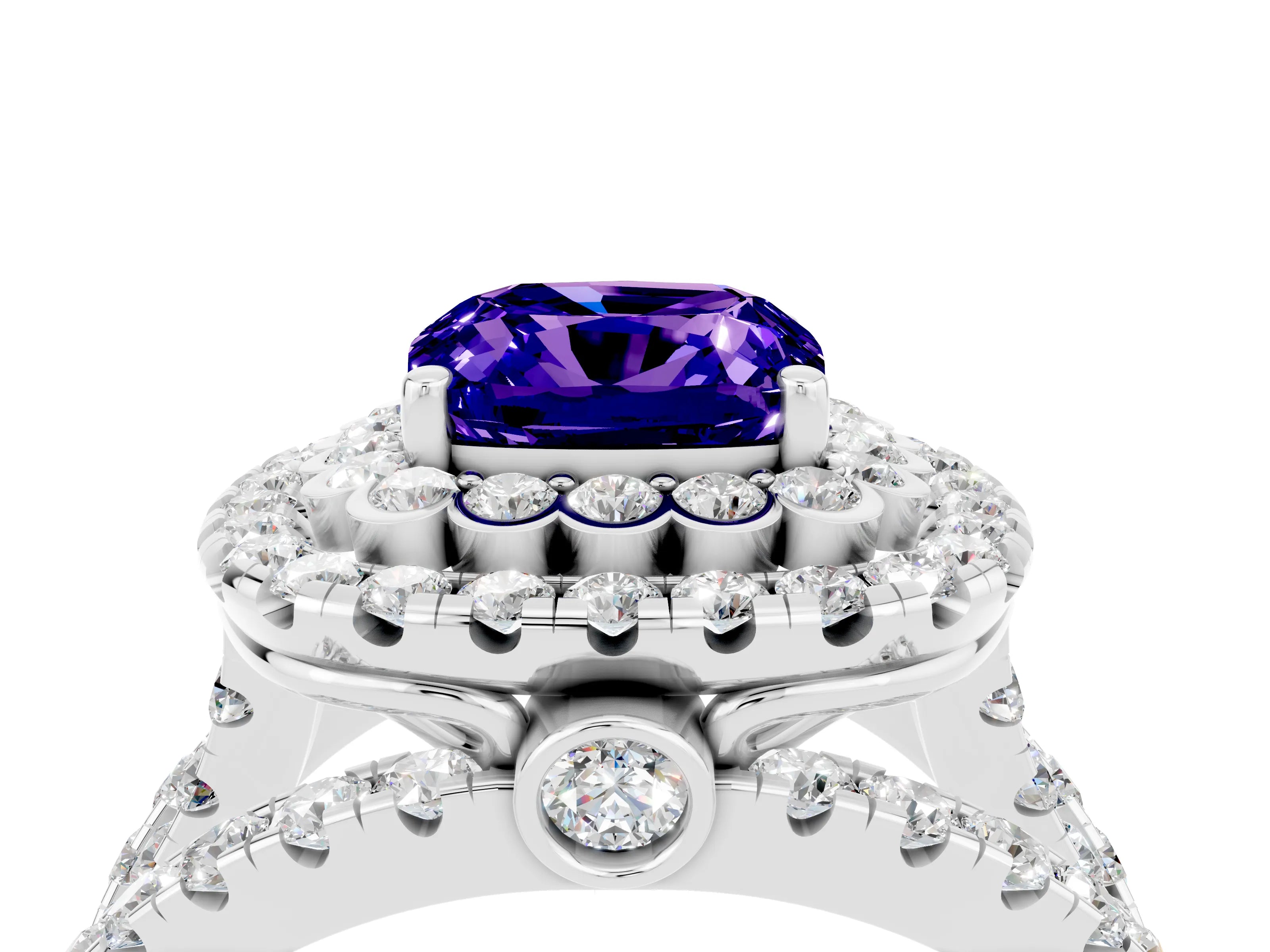 White gold Double Halo Cushion Cut Diamond Split Shank Pave Set Ring_4