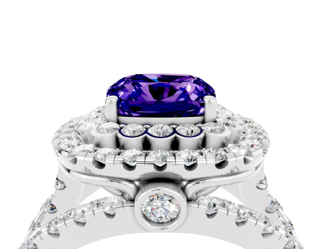 White gold Double Halo Cushion Cut Diamond Split Shank Pave Set Ring_4