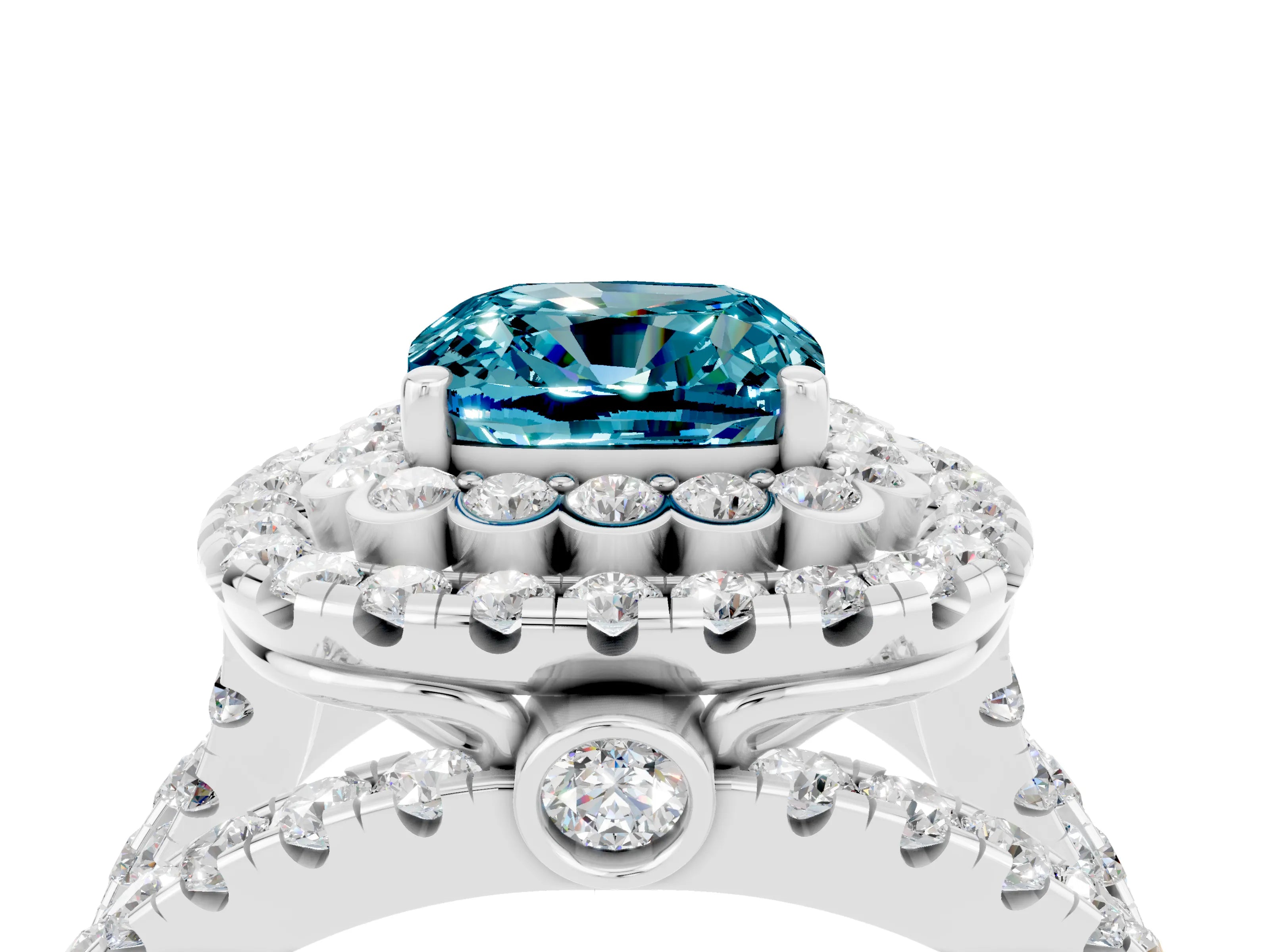 White gold Double Halo Cushion Cut Diamond Split Shank Pave Set Ring_4