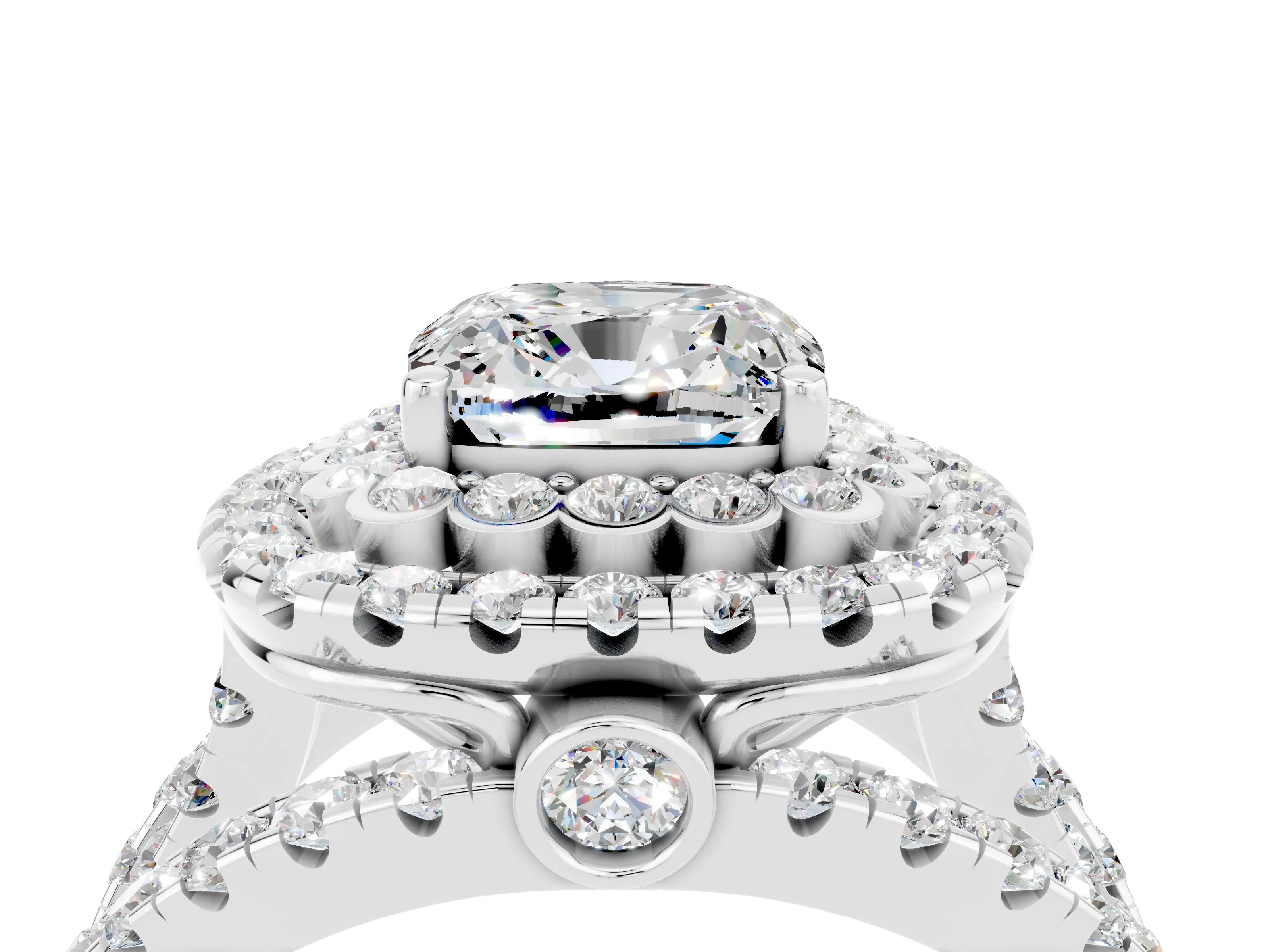 White gold Double Halo Cushion Cut Diamond Split Shank Pave Set Ring_4