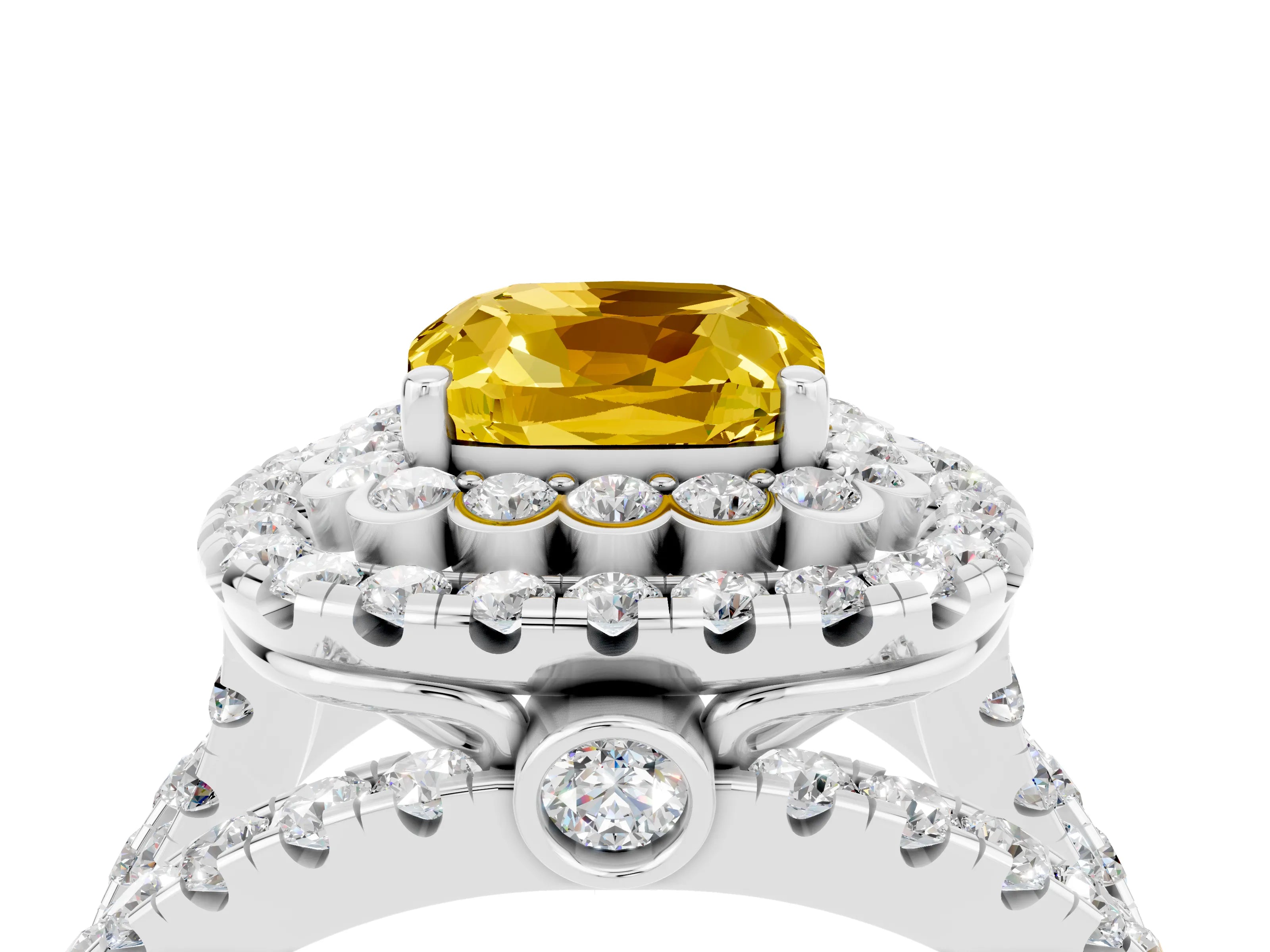White gold Double Halo Cushion Cut Diamond Split Shank Pave Set Ring_4