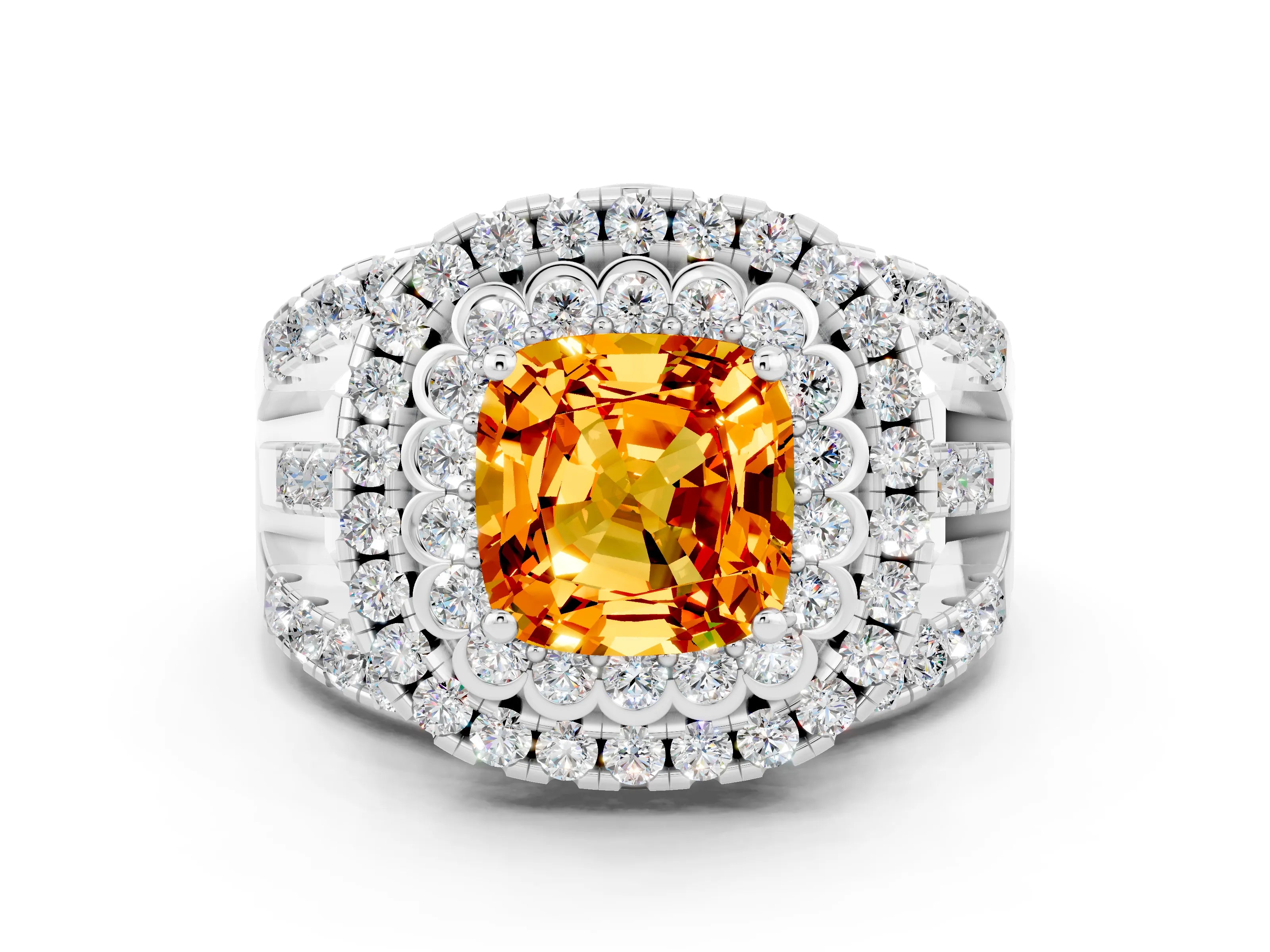White gold Double Halo Cushion Cut Diamond Split Shank Pave Set Ring