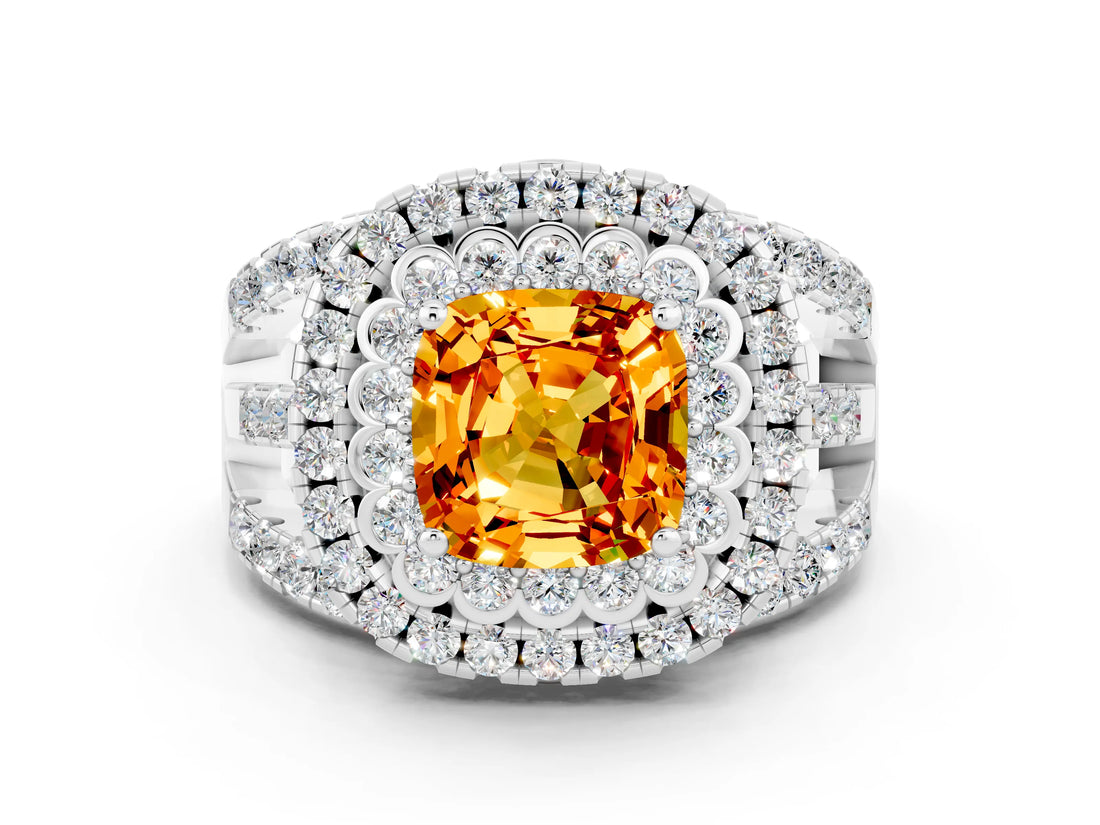 White gold Double Halo Cushion Cut Diamond Split Shank Pave Set Ring
