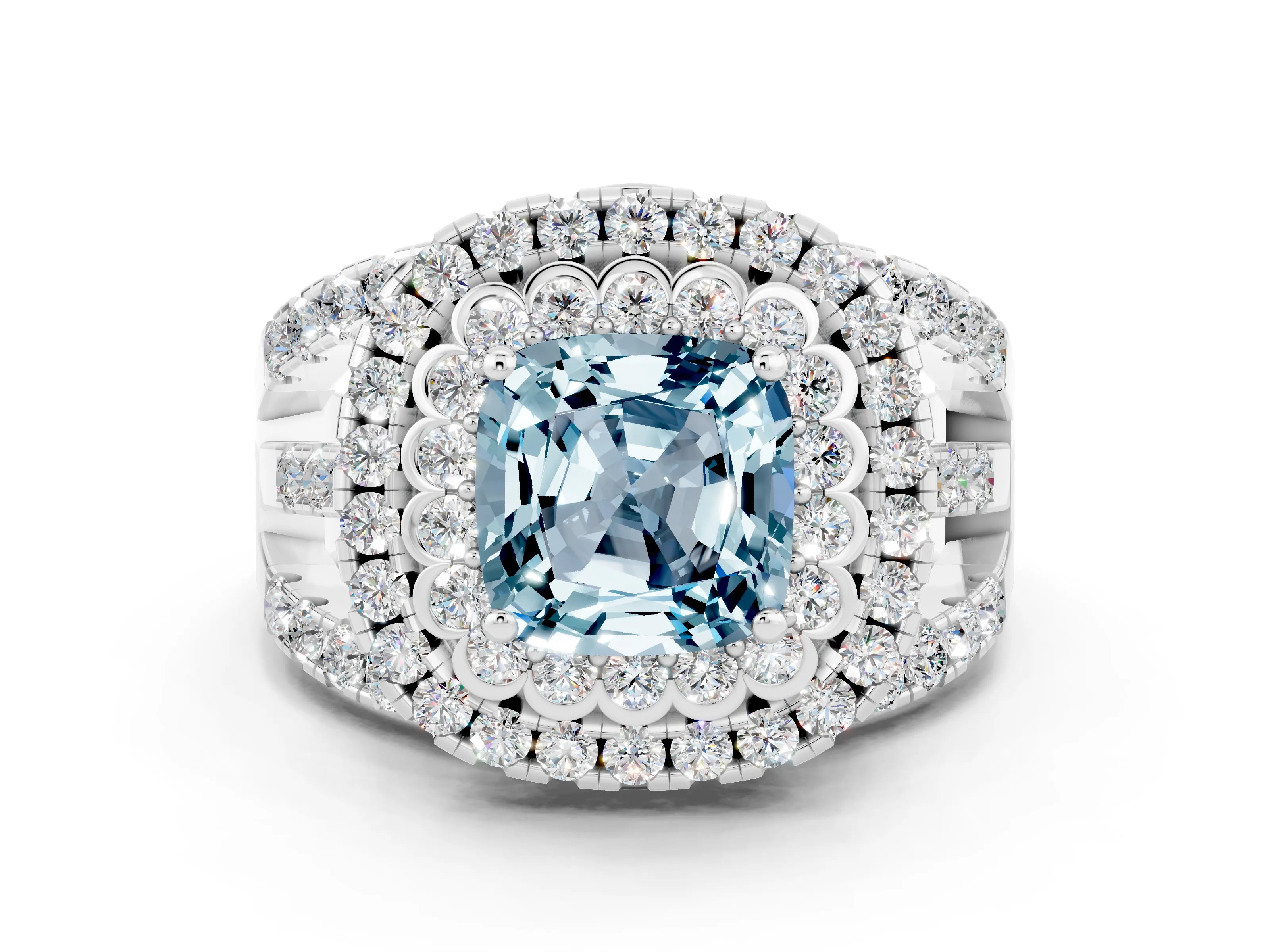 White gold Double Halo Cushion Cut Diamond Split Shank Pave Set Ring