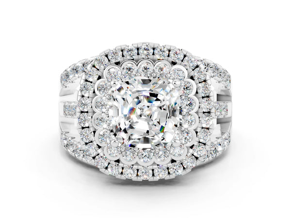 White gold Cushion Cut Moissanite Double Halo Ring with Round Pavé Split Shank and Prong Setting