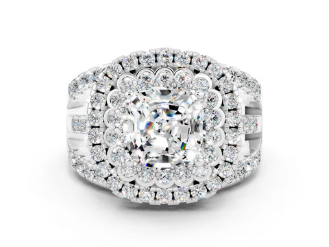 White gold Double Halo Cushion Cut Diamond Split Shank Pave Set Ring