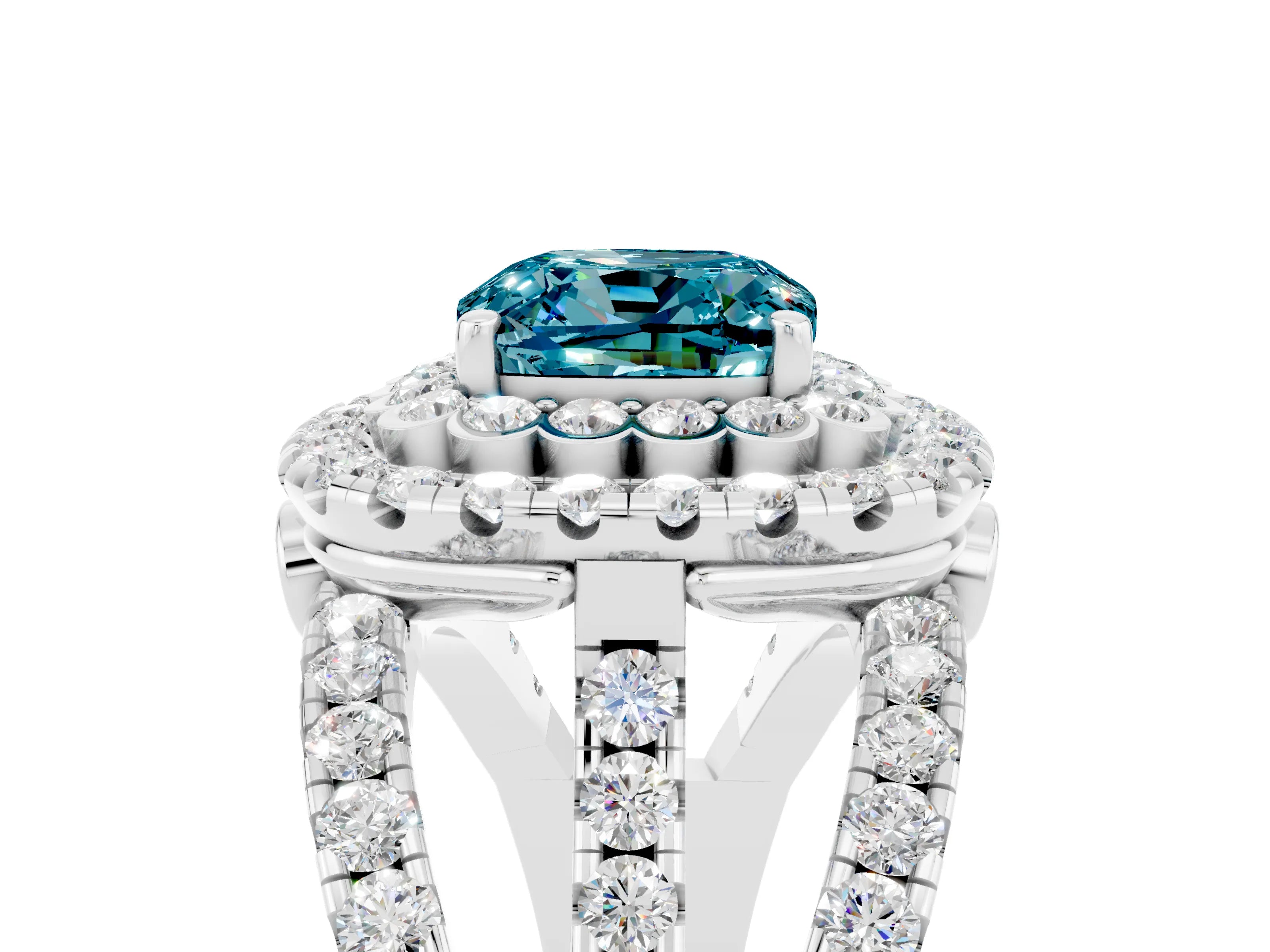 White gold Double Halo Cushion Cut Diamond Split Shank Pave Set Ring_5