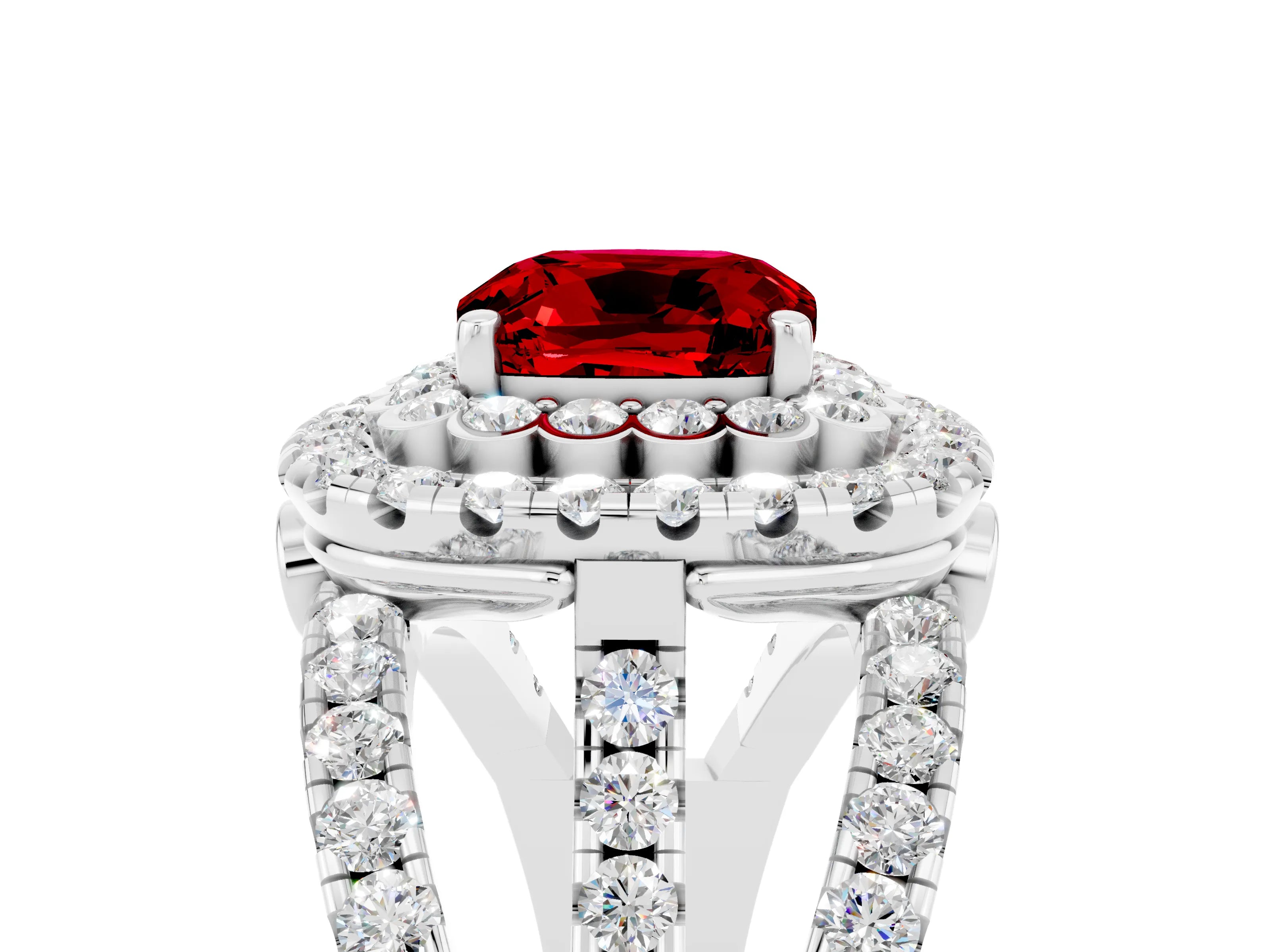 White gold Double Halo Cushion Cut Diamond Split Shank Pave Set Ring_5