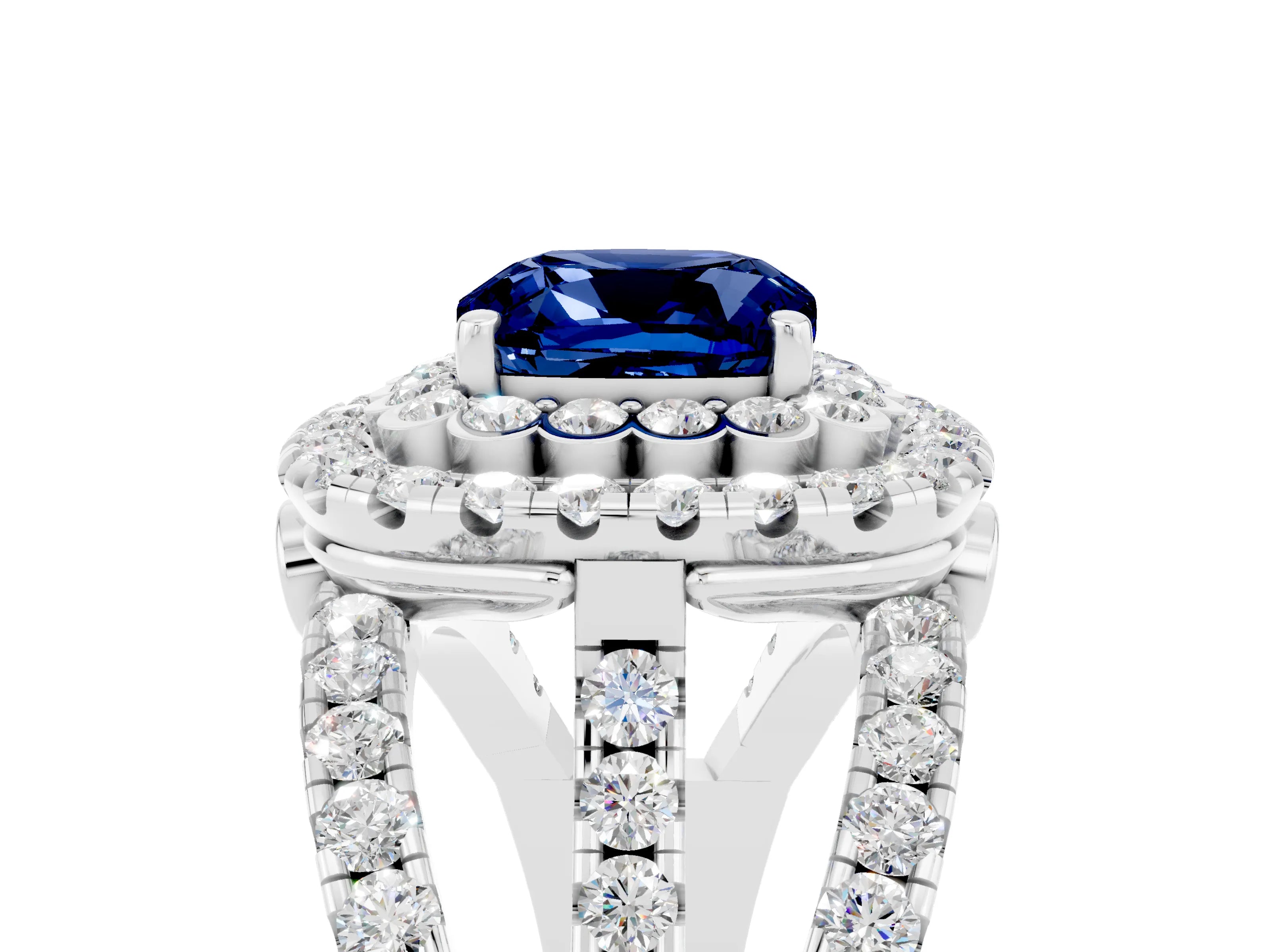 White gold Double Halo Cushion Cut Diamond Split Shank Pave Set Ring_5