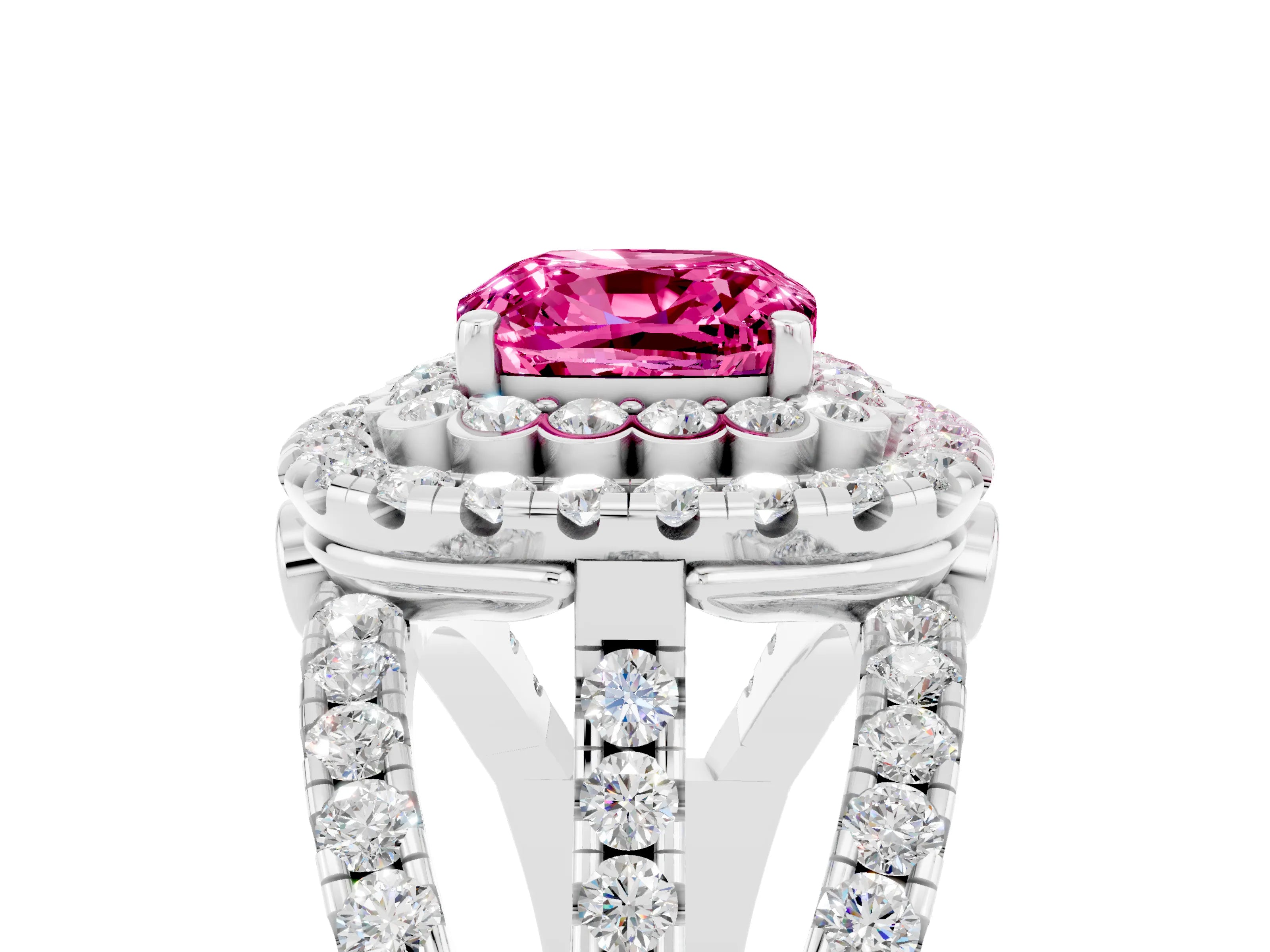 White gold Double Halo Cushion Cut Diamond Split Shank Pave Set Ring_5