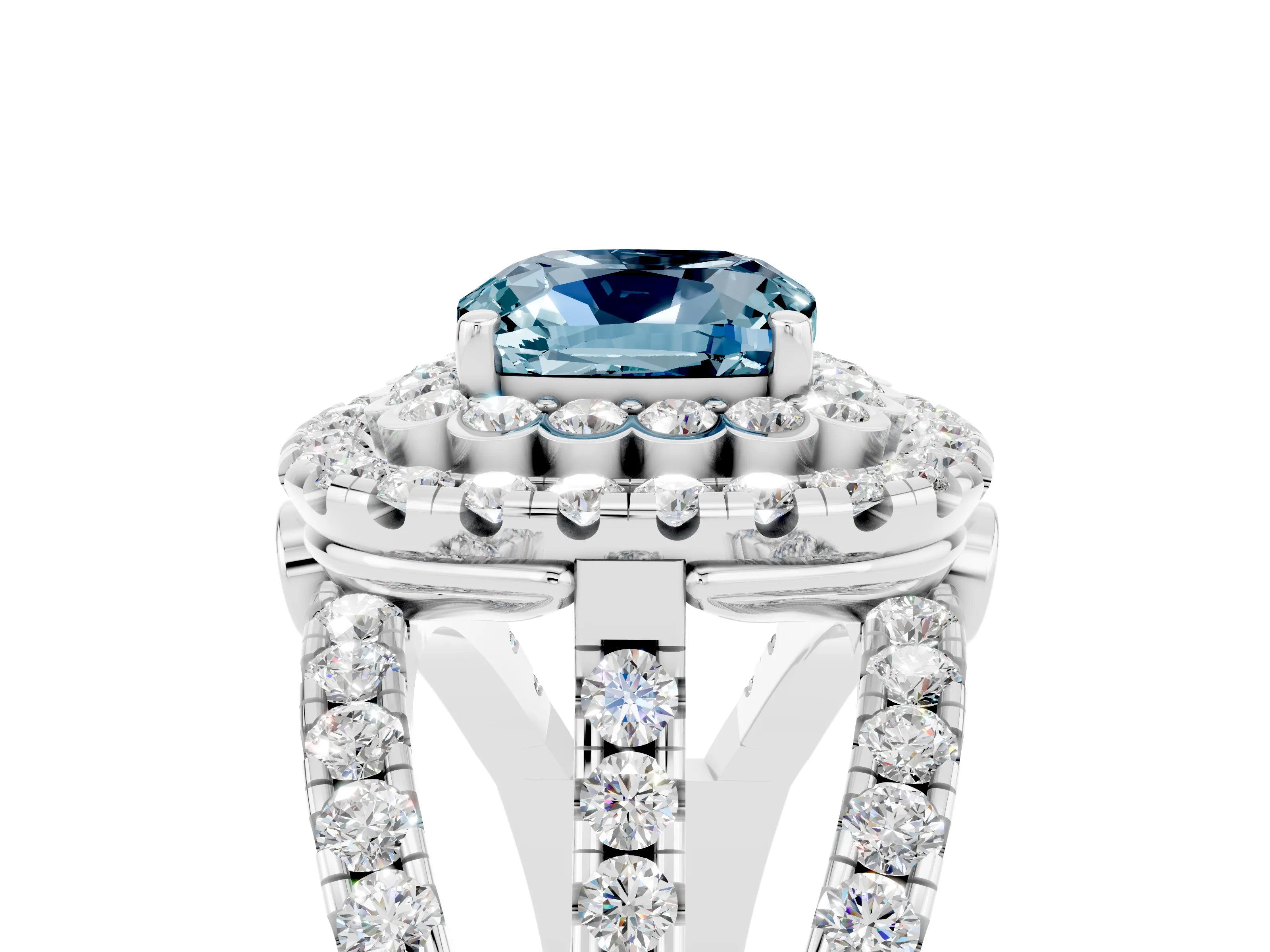 White gold Double Halo Cushion Cut Diamond Split Shank Pave Set Ring_5