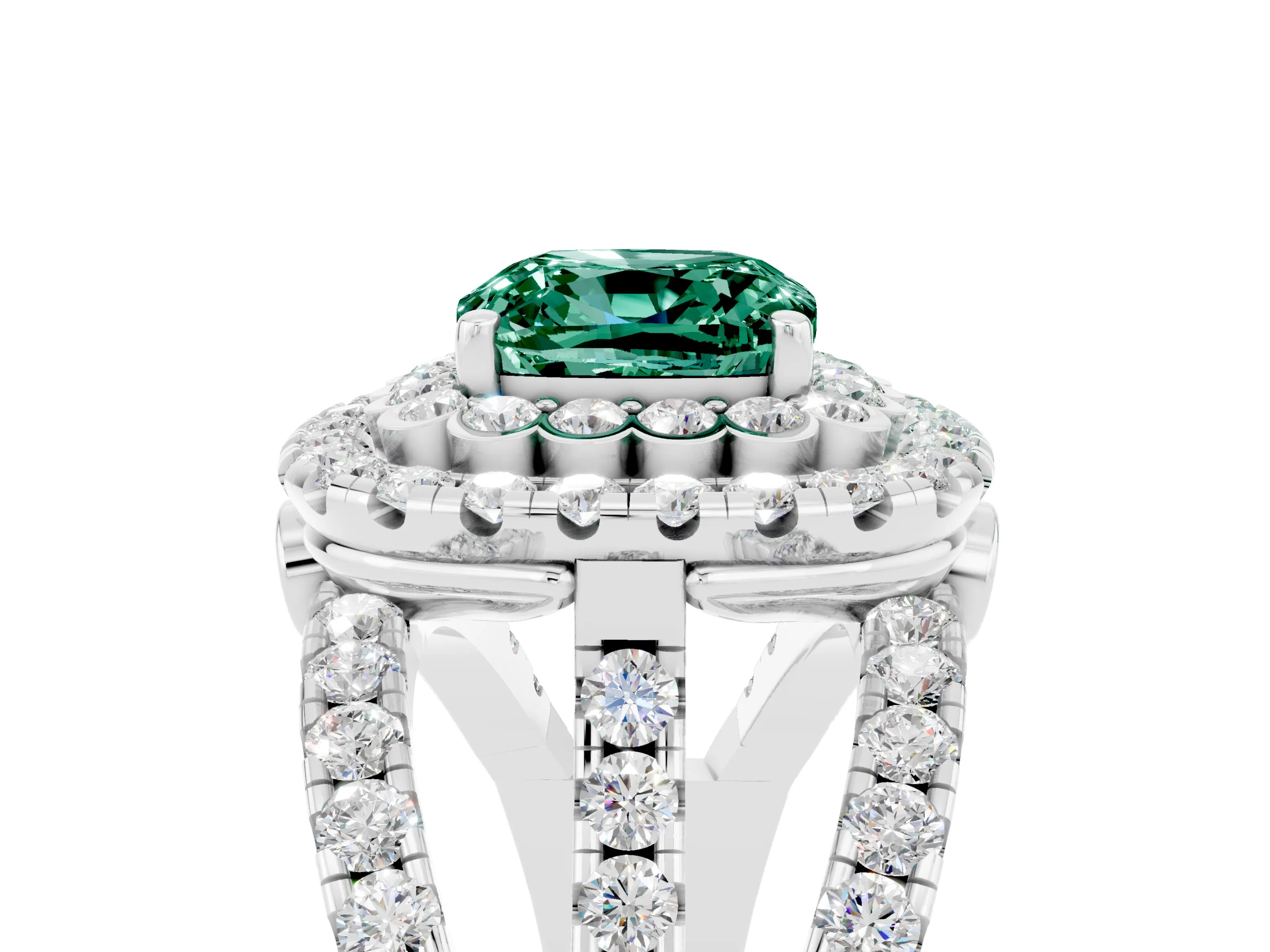 White gold Double Halo Cushion Cut Diamond Split Shank Pave Set Ring_5