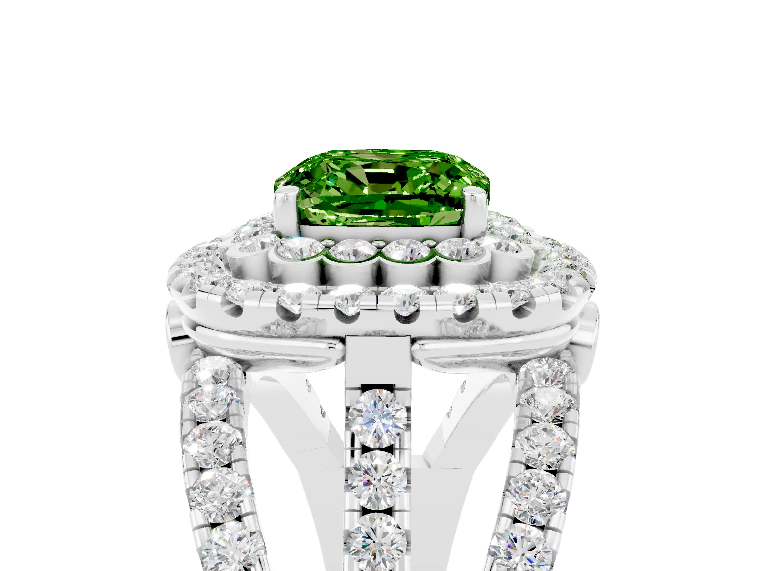 White gold Double Halo Cushion Cut Diamond Split Shank Pave Set Ring_5