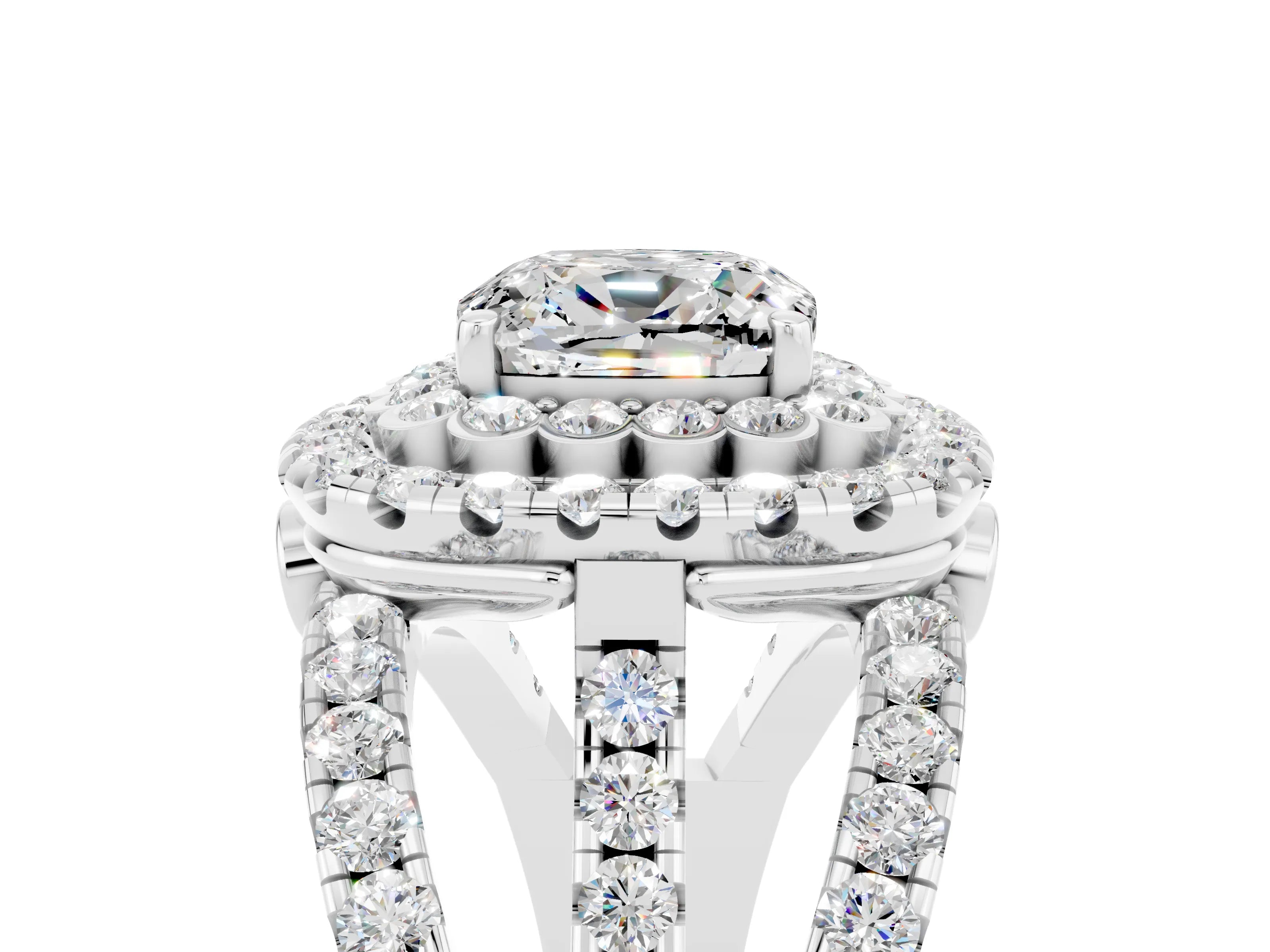 White gold Double Halo Cushion Cut Diamond Split Shank Pave Set Ring_5
