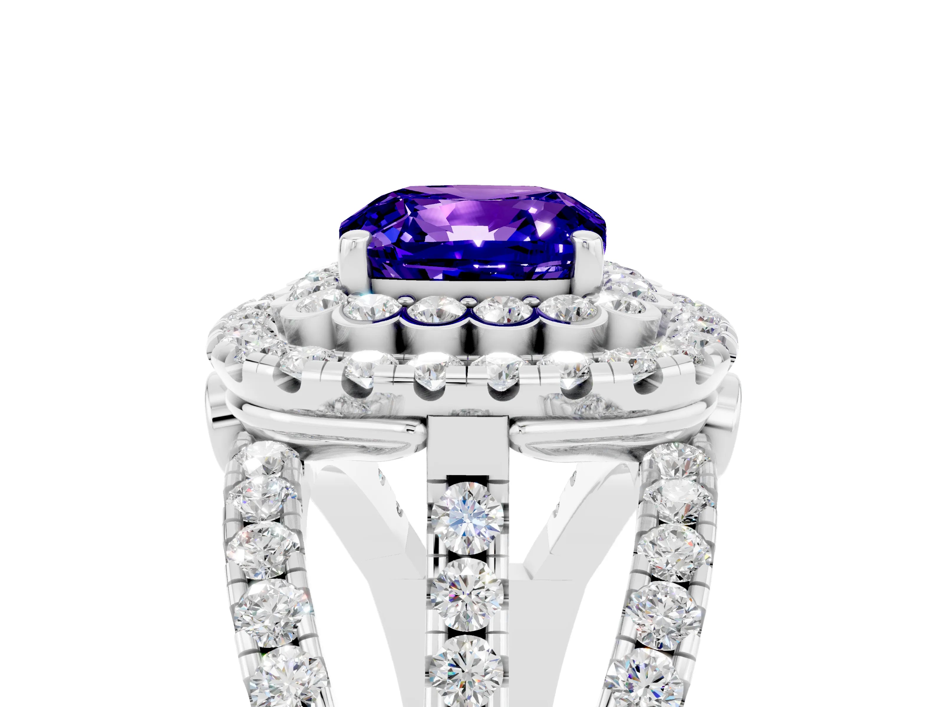 White gold Double Halo Cushion Cut Diamond Split Shank Pave Set Ring_5