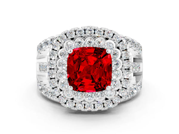Platinum Cushion Cut Ruby Double Halo Ring with Round Pavé Split Shank and Prong Setting