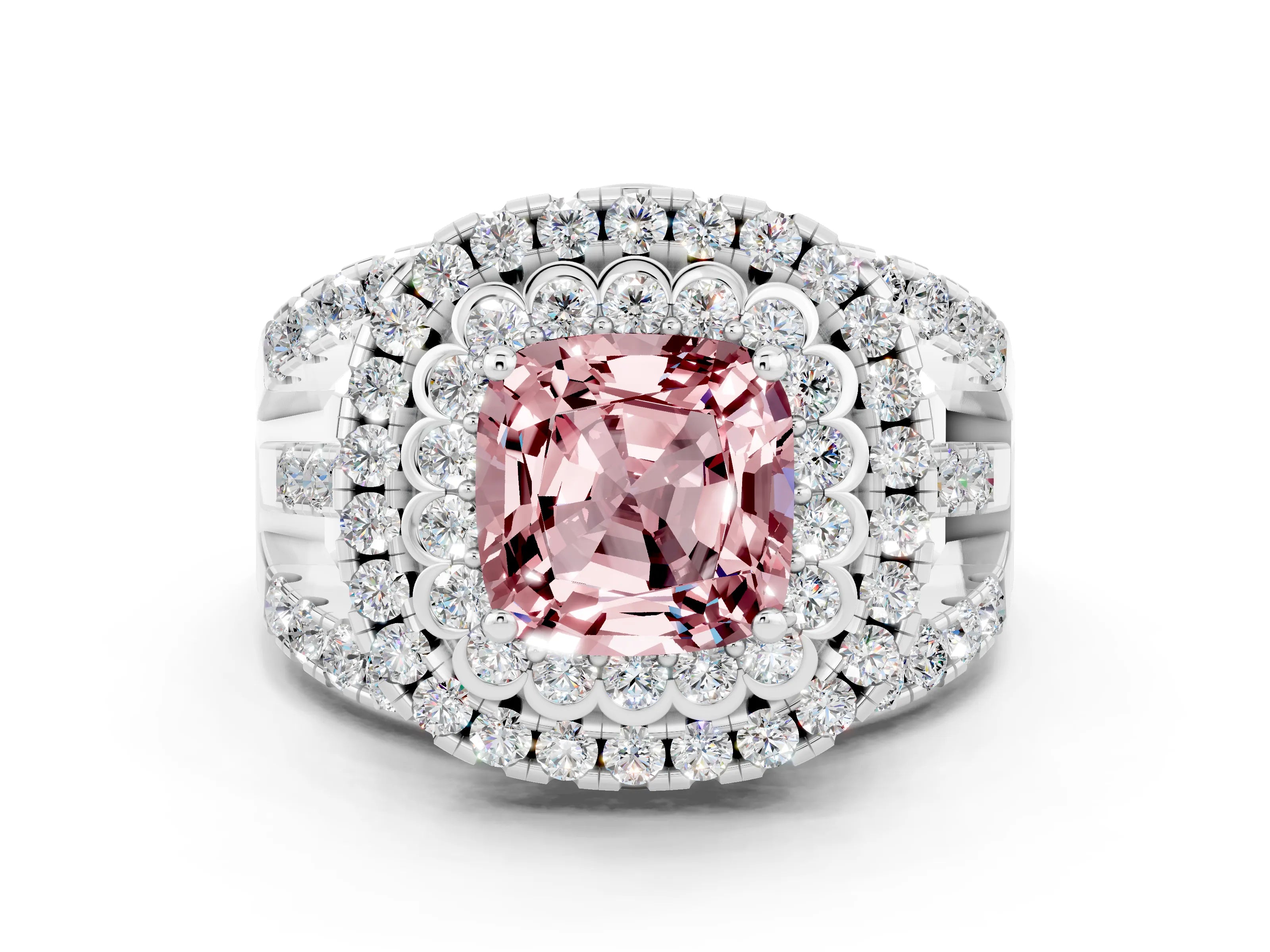 White gold Double Halo Cushion Cut Diamond Split Shank Pave Set Ring