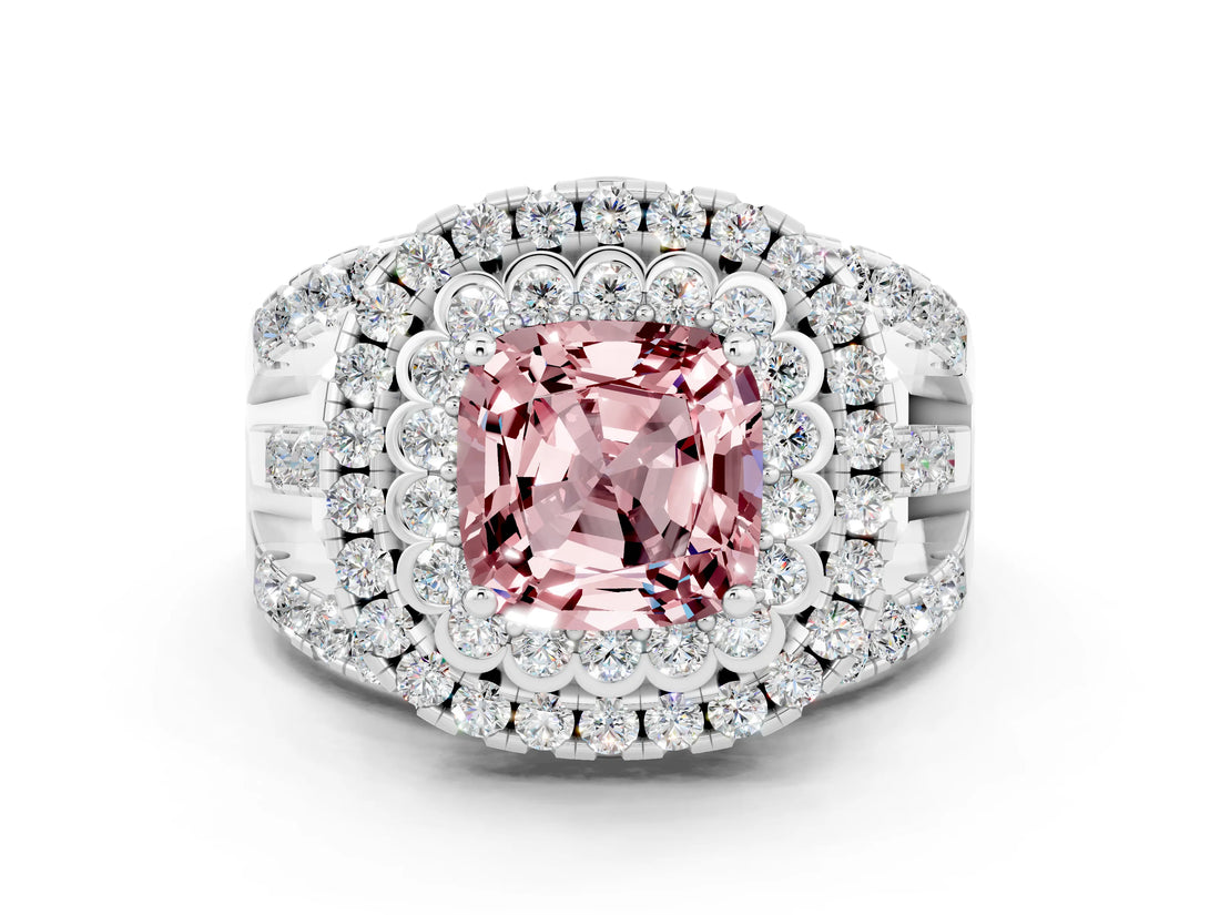 White gold Double Halo Cushion Cut Diamond Split Shank Pave Set Ring