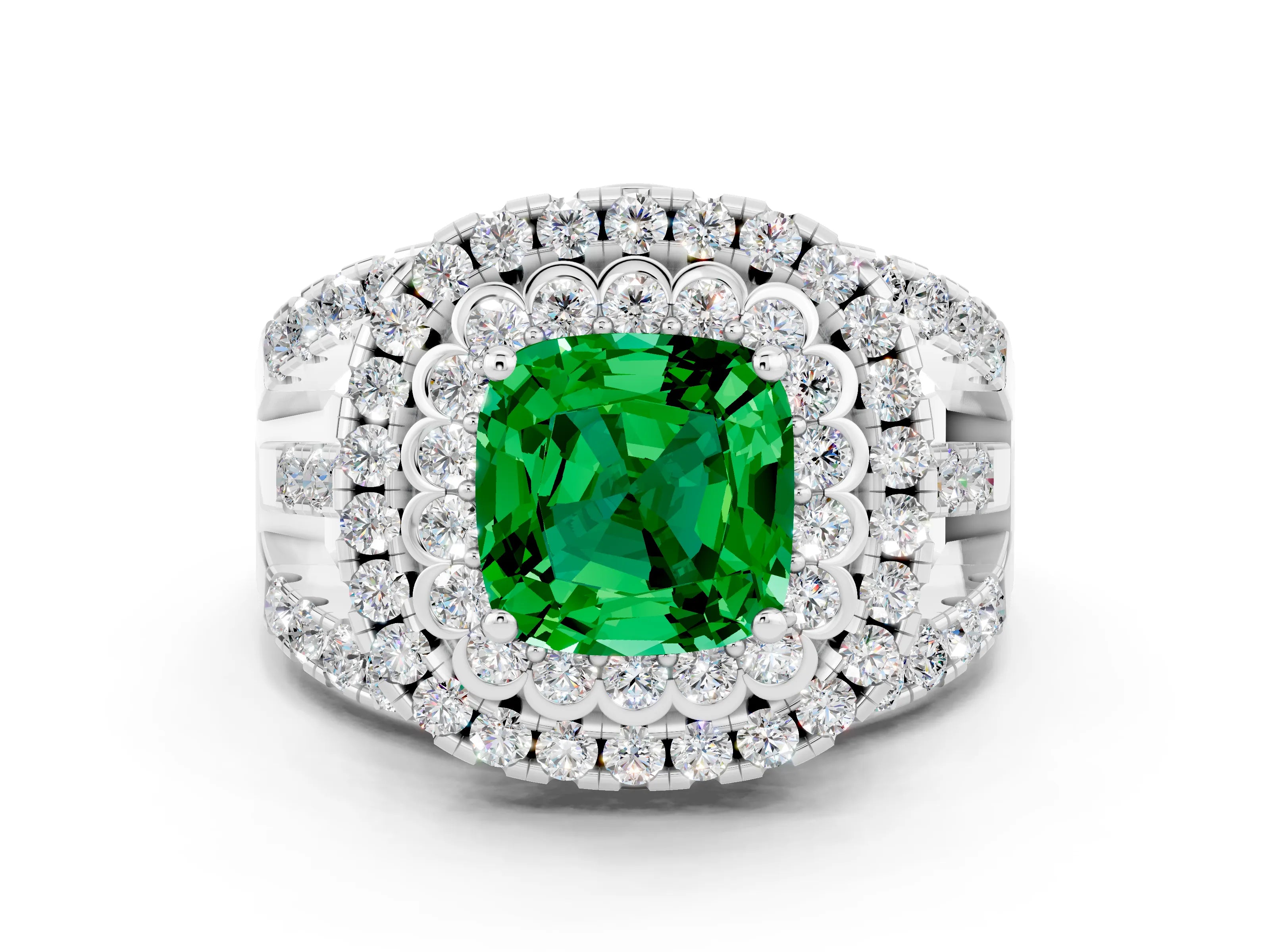 White gold Double Halo Cushion Cut Diamond Split Shank Pave Set Ring