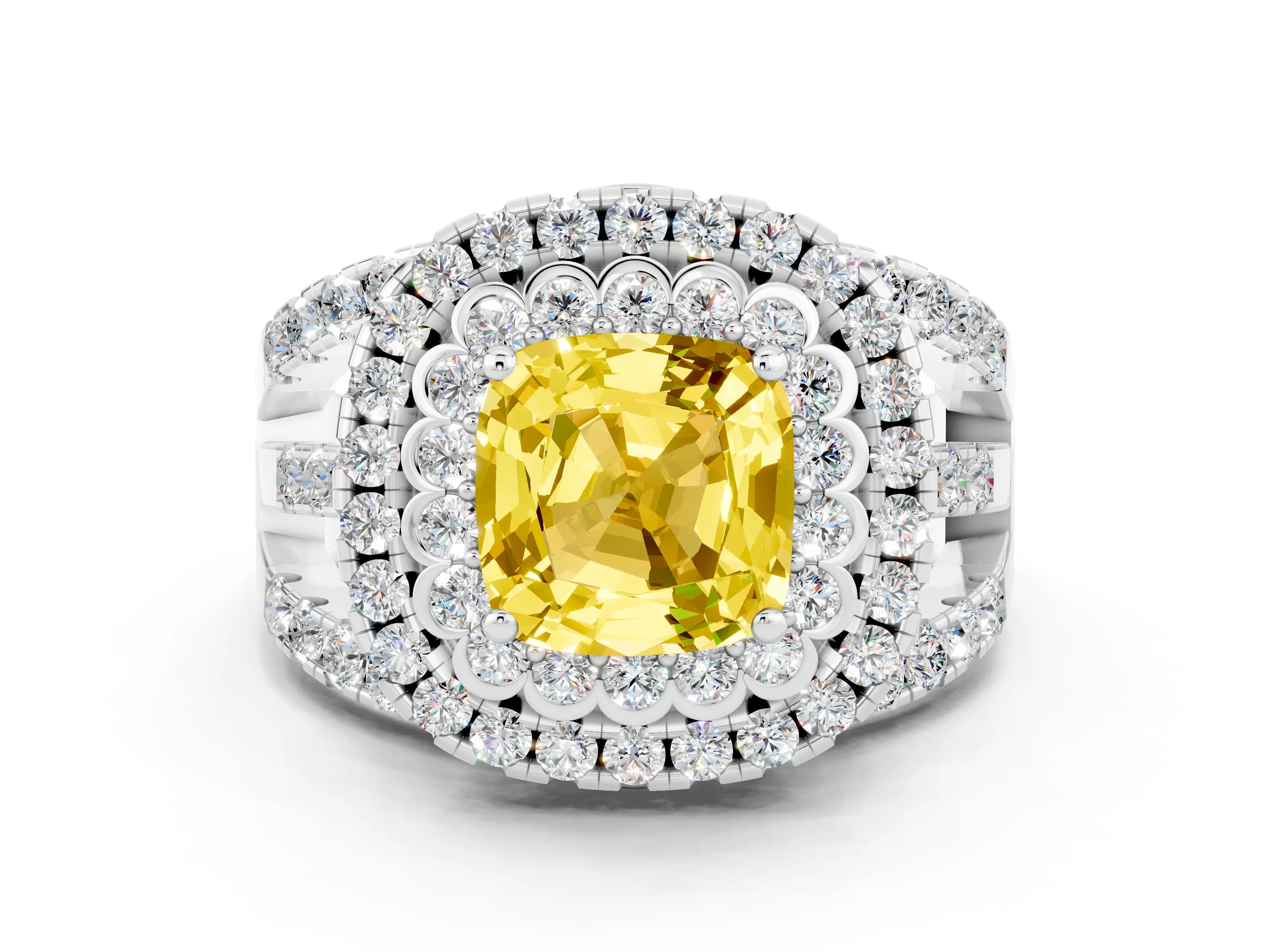 White gold Double Halo Cushion Cut Diamond Split Shank Pave Set Ring