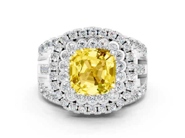 Silver Cushion Cut Yellow Sapphire Double Halo Ring with Round Pavé Split Shank and Prong Setting