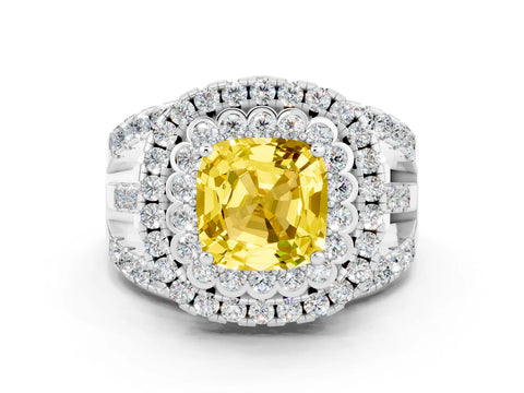 White gold Double Halo Cushion Cut Diamond Split Shank Pave Set Ring